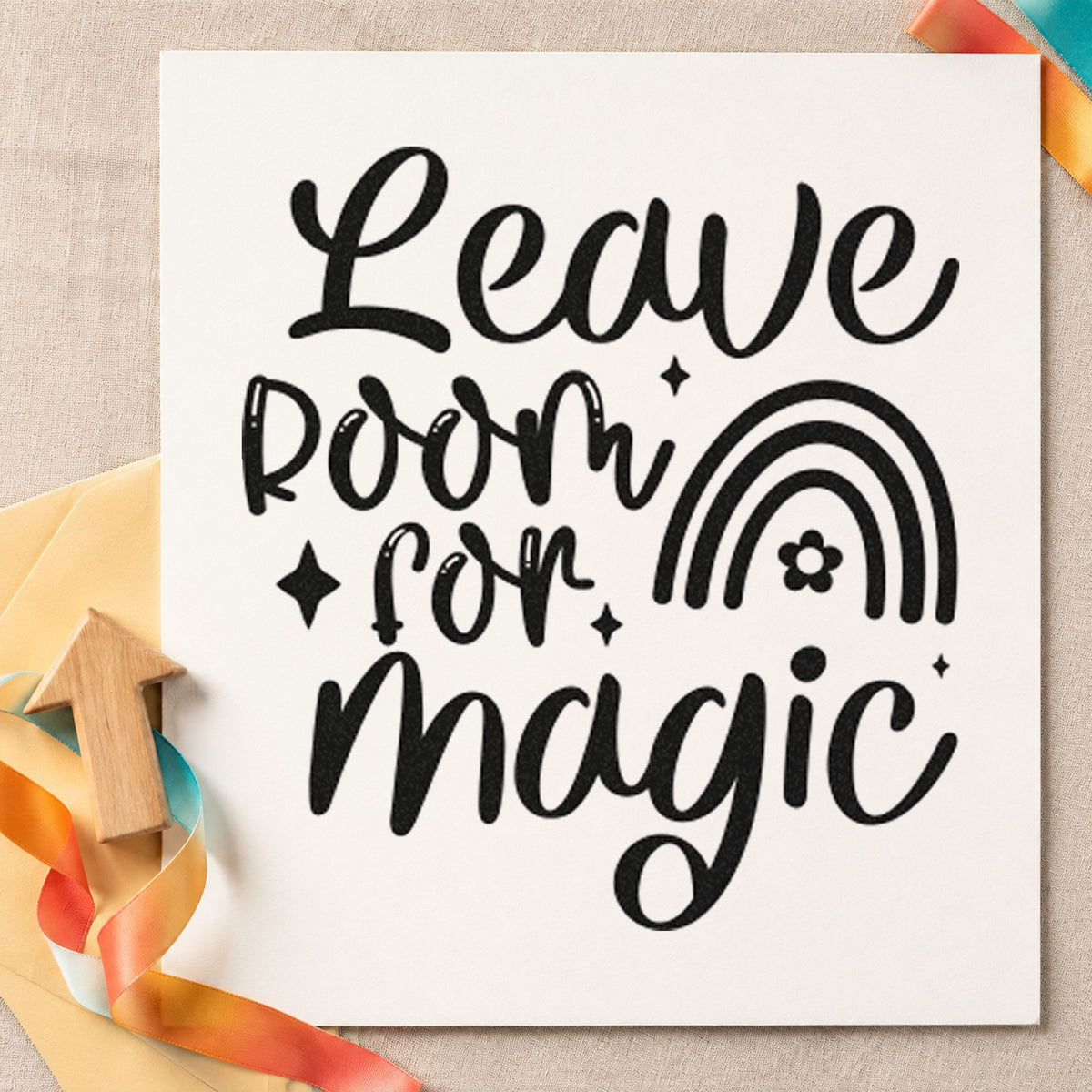 Leave Room For Magic Rainbow rubber stamp printed in black ink, ready for small rainbow cards and similar paper crafts.