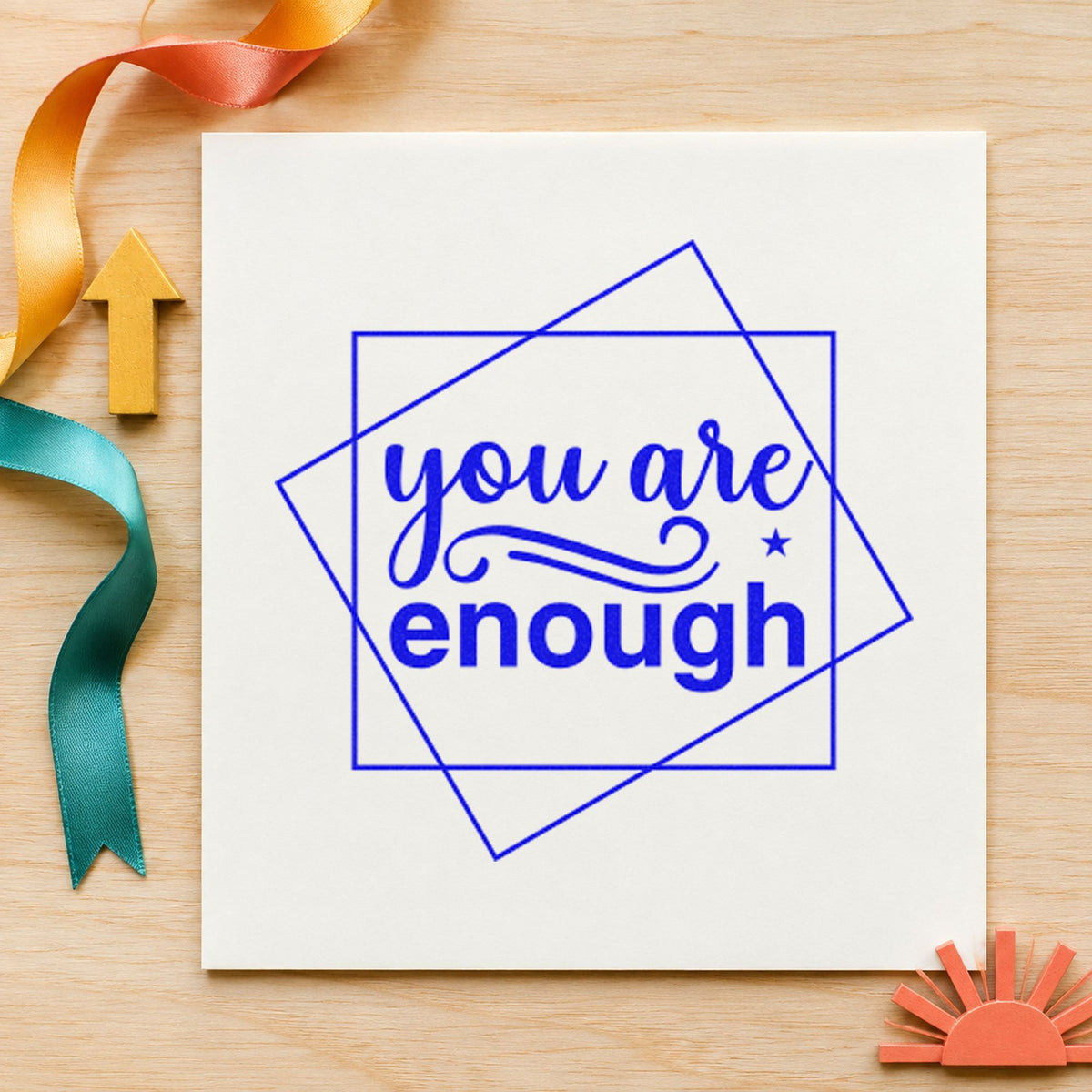 You Are Enough Overlapping Squares craft stamp imprinted in blue ink on paper, a design suited to framed entry nook.