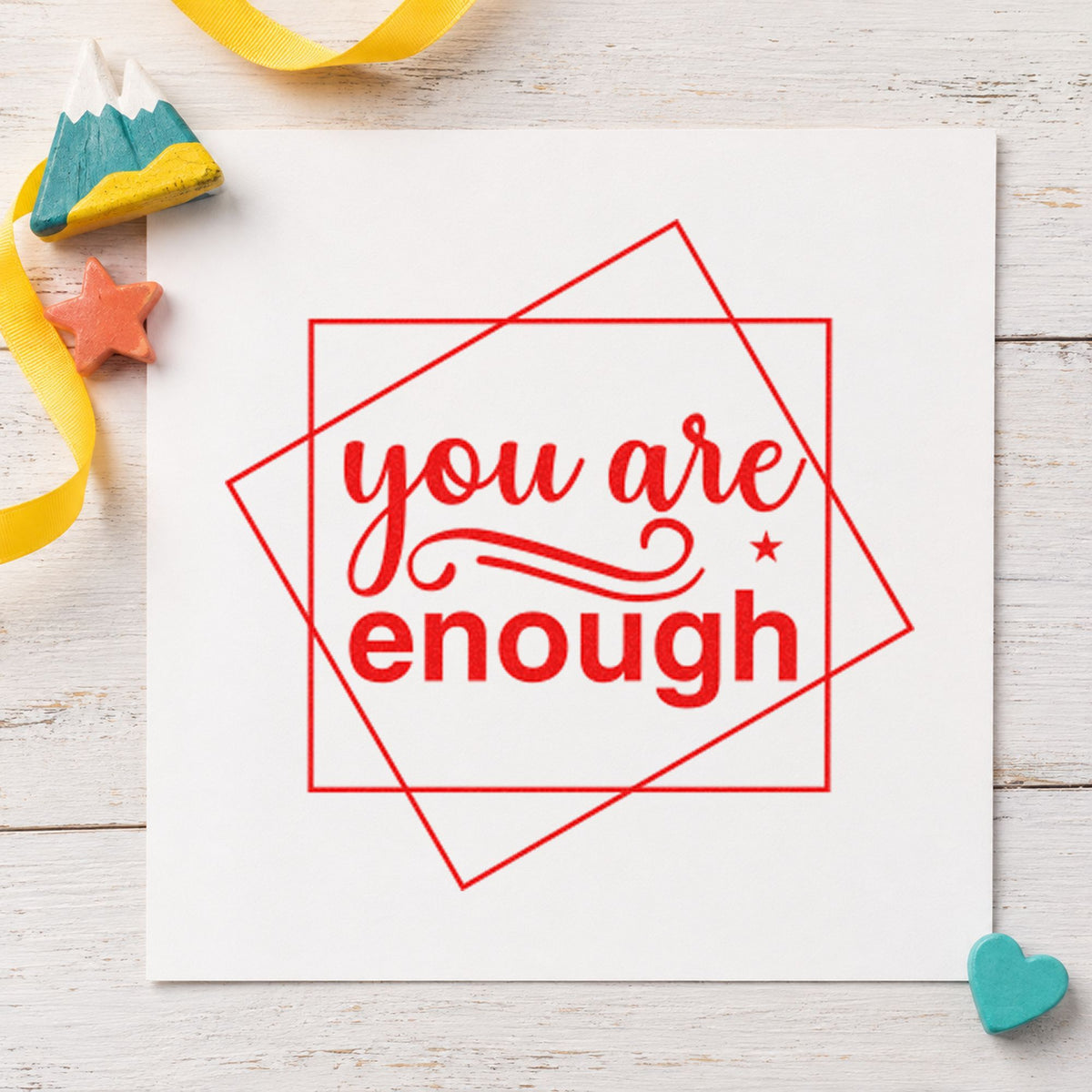 You Are Enough Overlapping Squares rubber stamp shown in red ink, stamped for projects such as bin box labels.