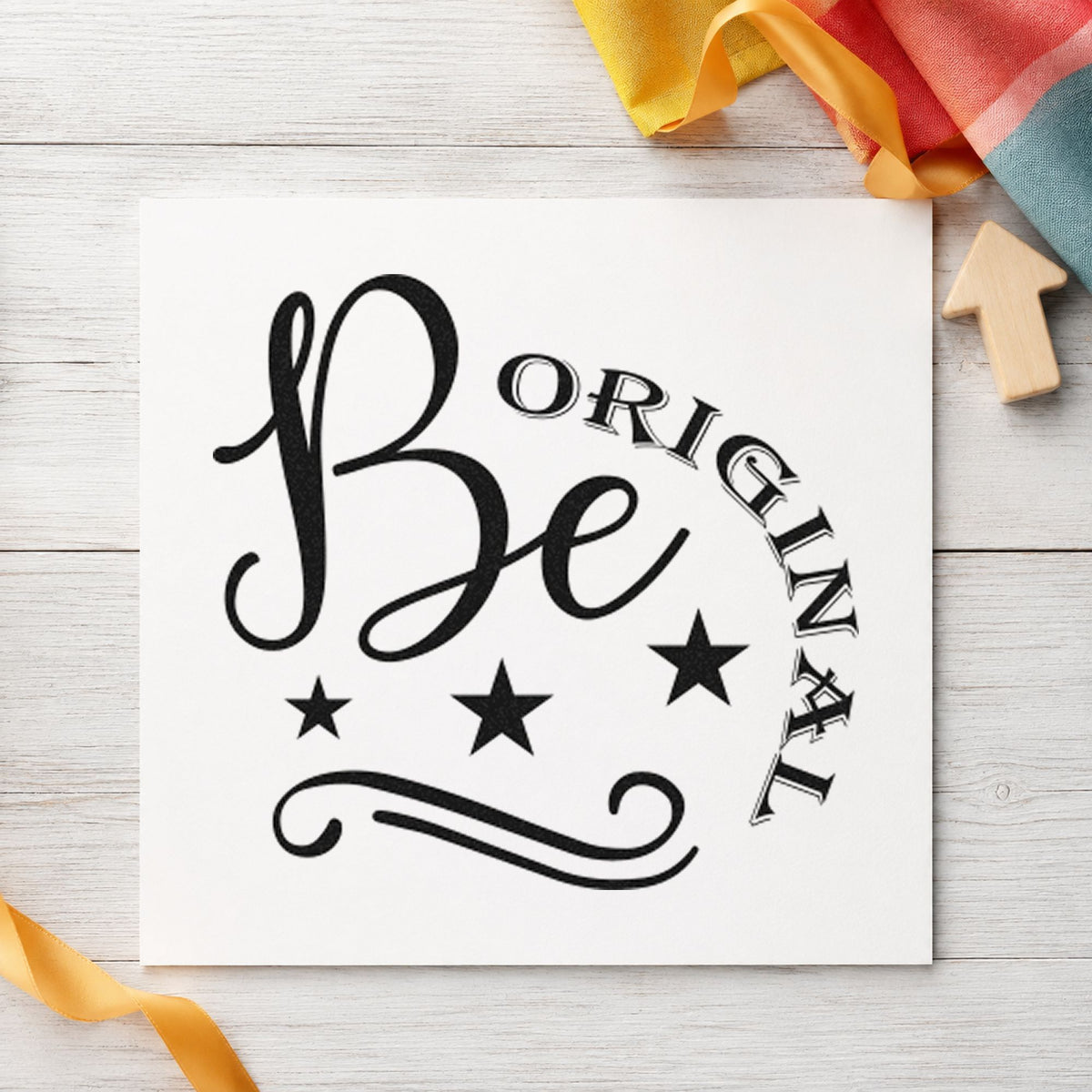 Be Original Stars Flourish rubber stamp printed in black ink, ready for commission log sheet and similar paper crafts.