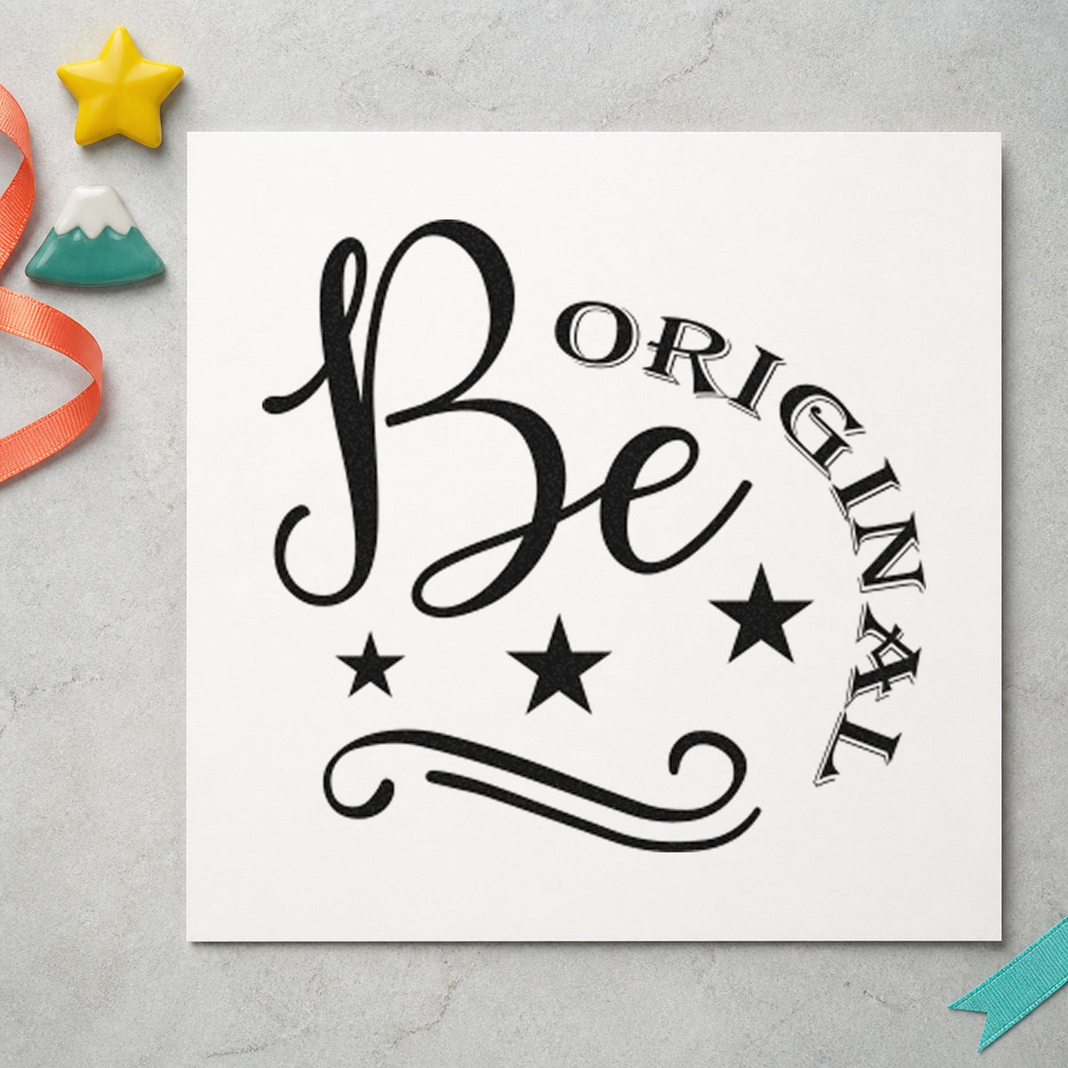 Be Original Stars Flourish rubber stamp printed in black ink, ready for three star cards and similar paper crafts.