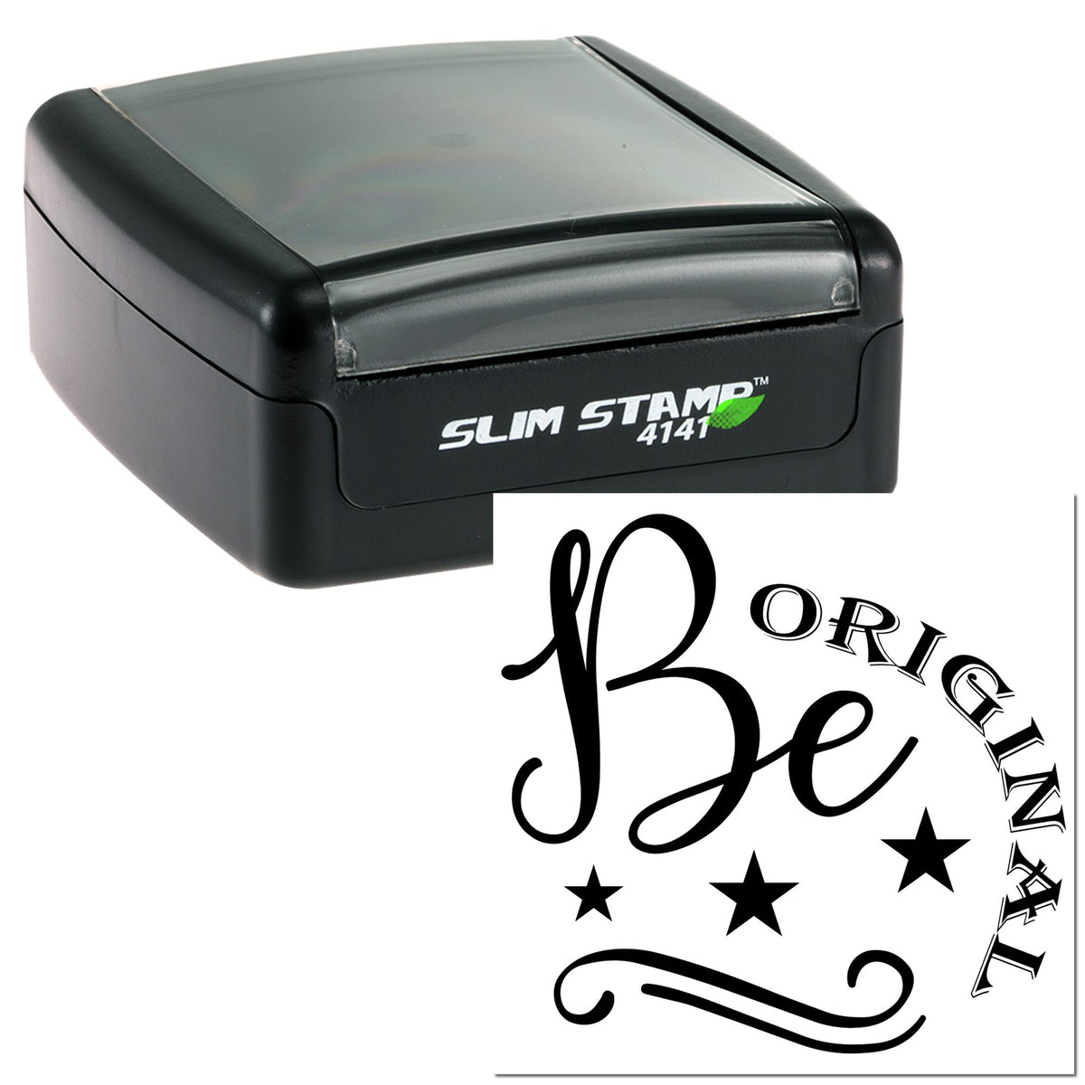 Black Slim Stamp 4141 self-inking stamp with decorative Be Brilliant seal design and stars