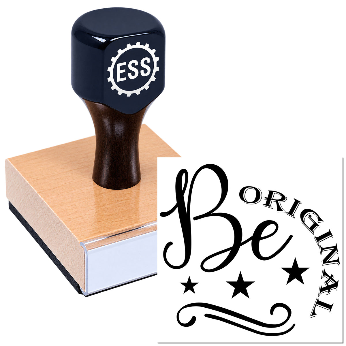 Dark blue ESS rubber stamp on a wooden block beside a black decorative Be seal design with stars.