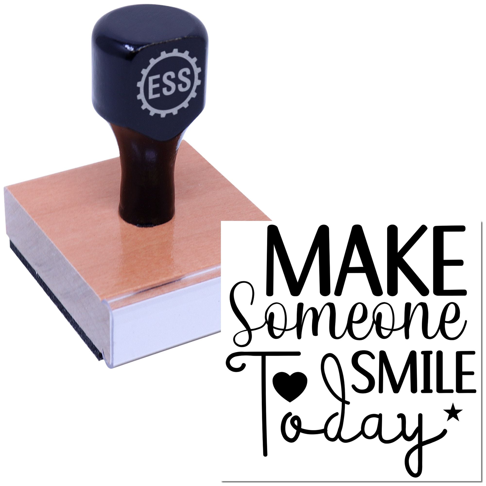 Dark navy ESS self-inking stamp and copper seal block beside black Make Someone Smile Today design.