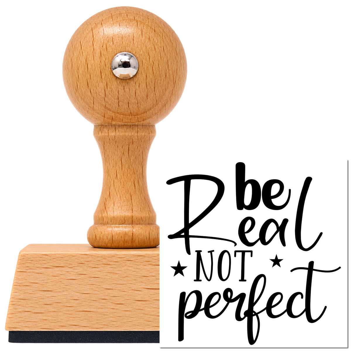Vintage Pro beech wood stamp with a round knob handle, shown with its black Be Real Not Perfect Star Accents imprint on white.