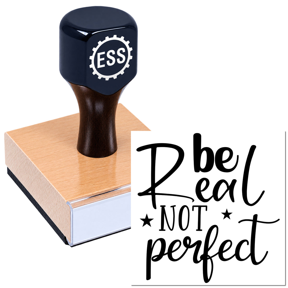 Dark navy custom rubber stamp with ESS gear logo on a wooden block, beside a black seal reading Real Not Perfect.