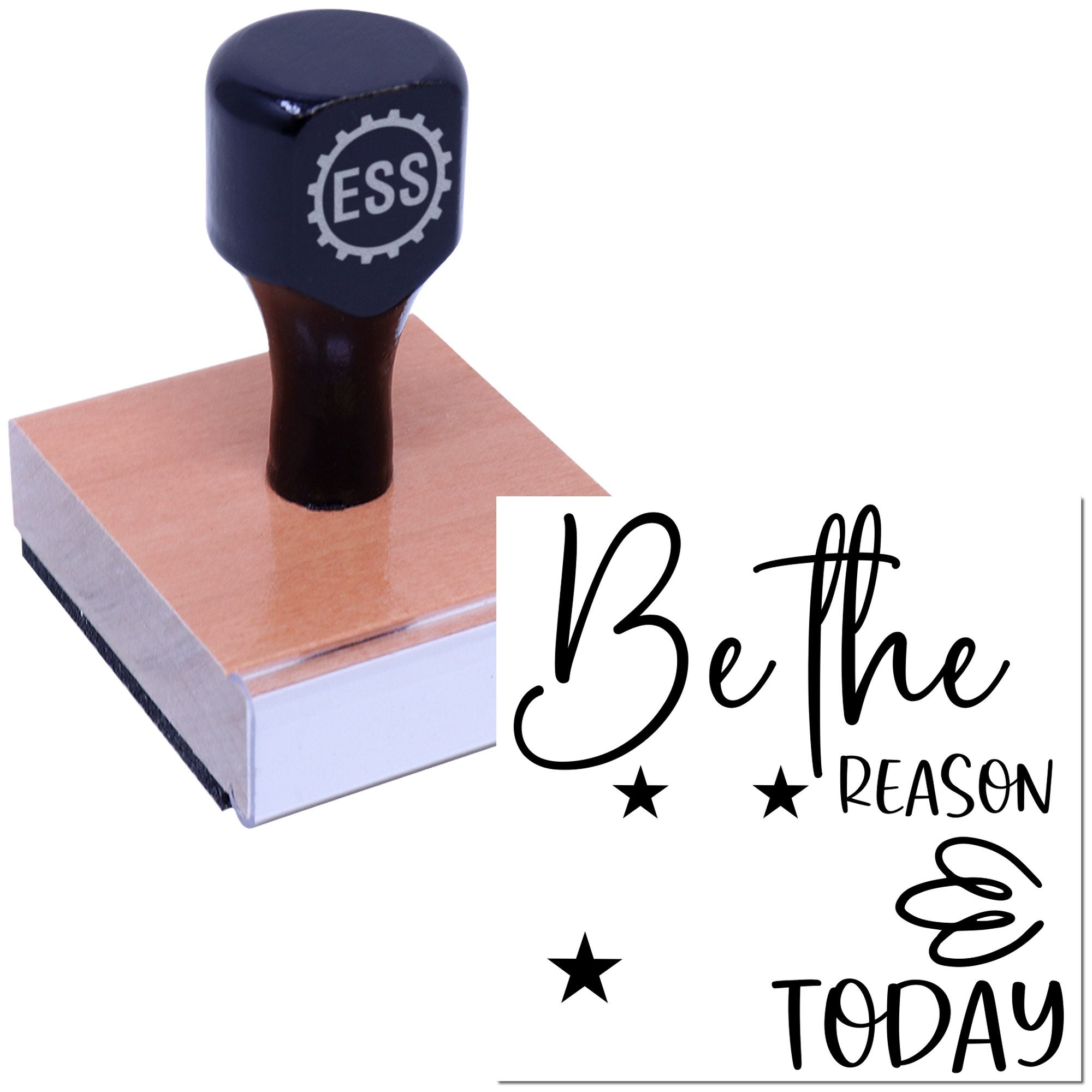 Dark navy custom stamp and seal with ESSI logo on a pink wooden block, beside a Be the reason script design.