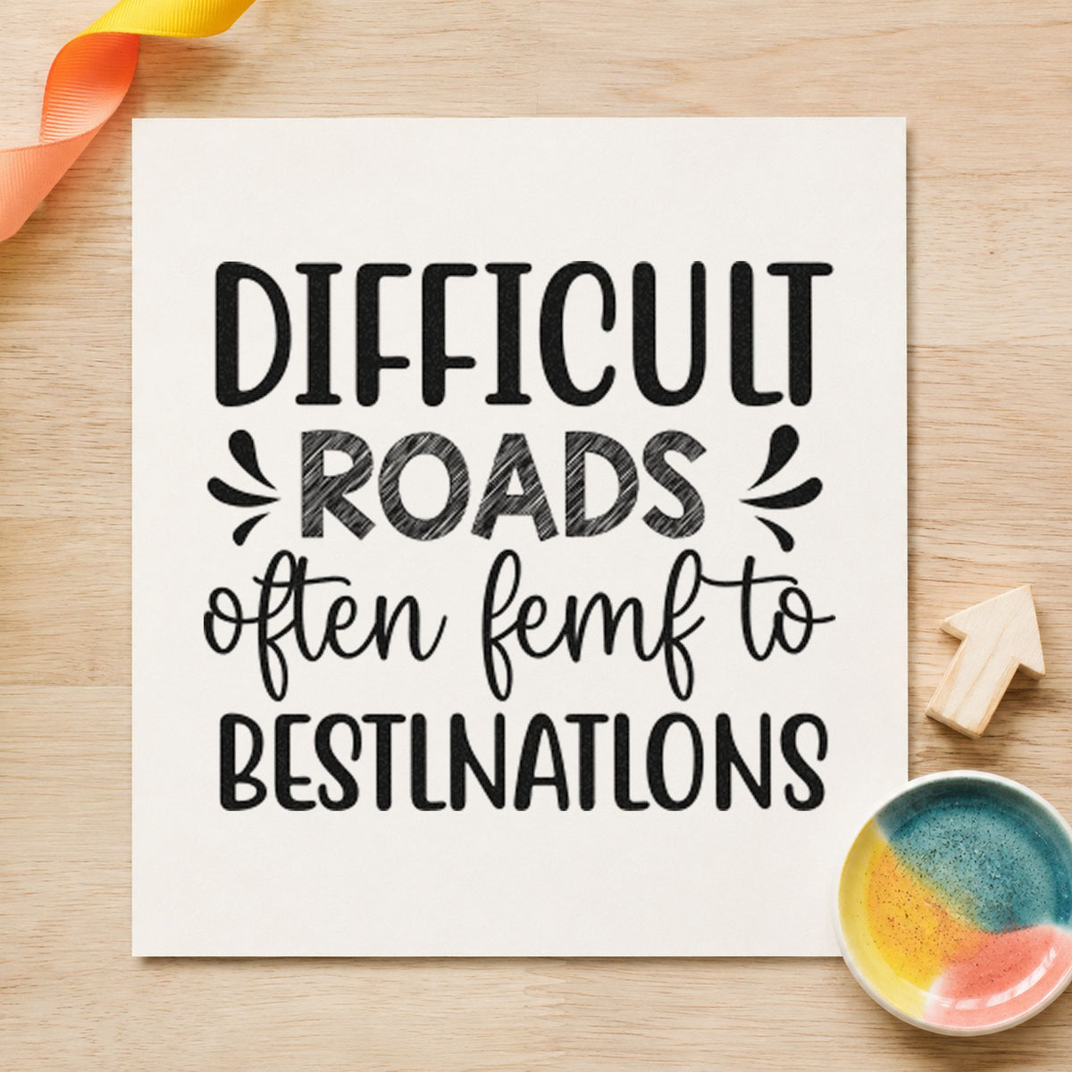 Difficult Roads Decorative Lettering craft stamp imprint in black ink on a handmade project, one idea being pannier gift tags.