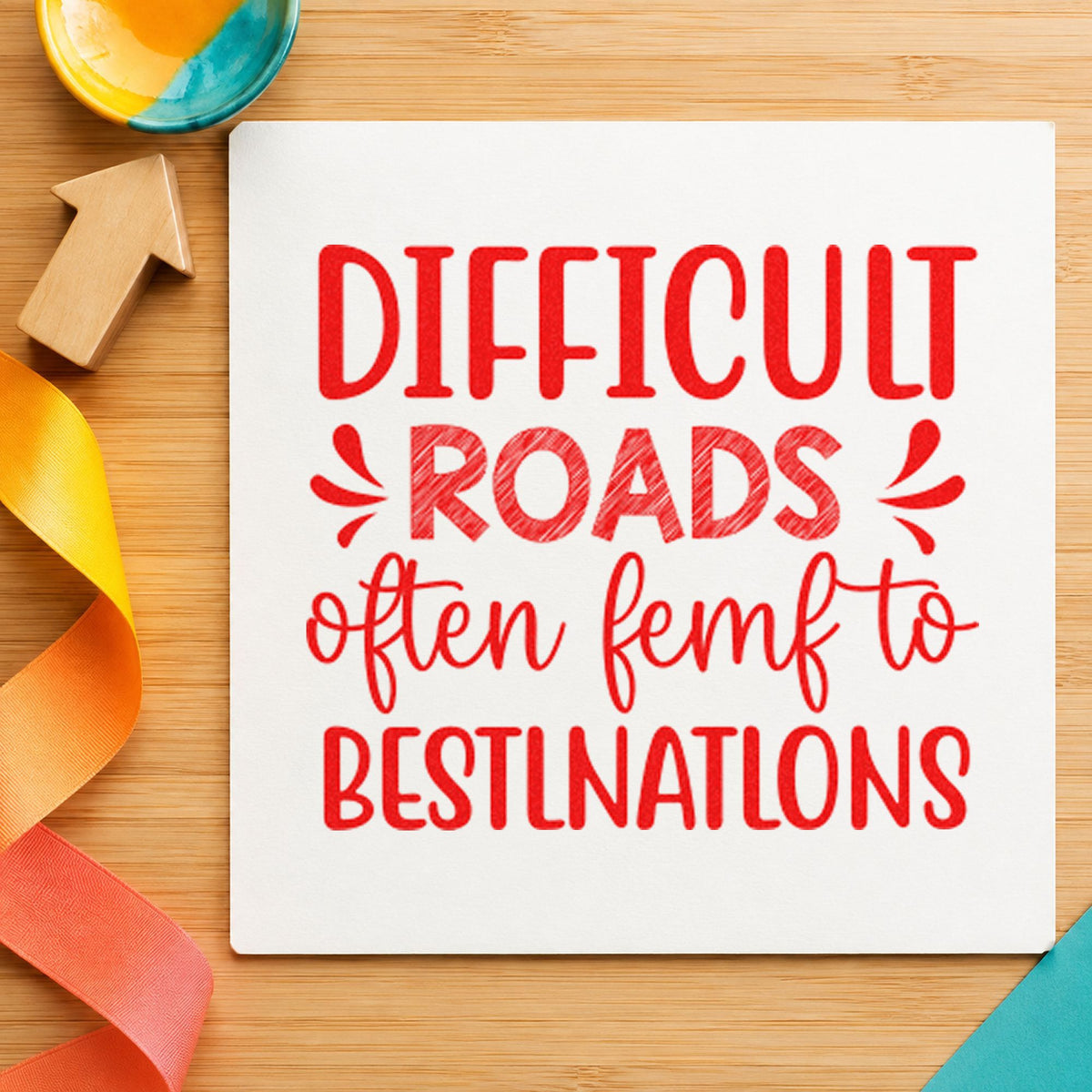 Difficult Roads Decorative Lettering rubber stamp shown in red ink, stamped for projects such as bin spare labels.