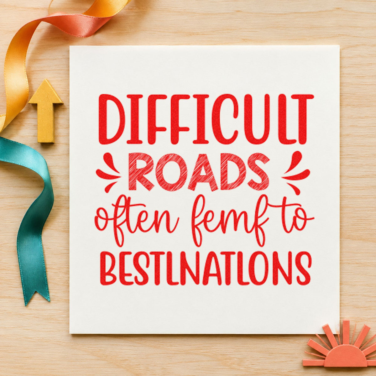 Difficult Roads Decorative Lettering craft stamp imprint in red ink on a handmade project, one idea being day log cards.