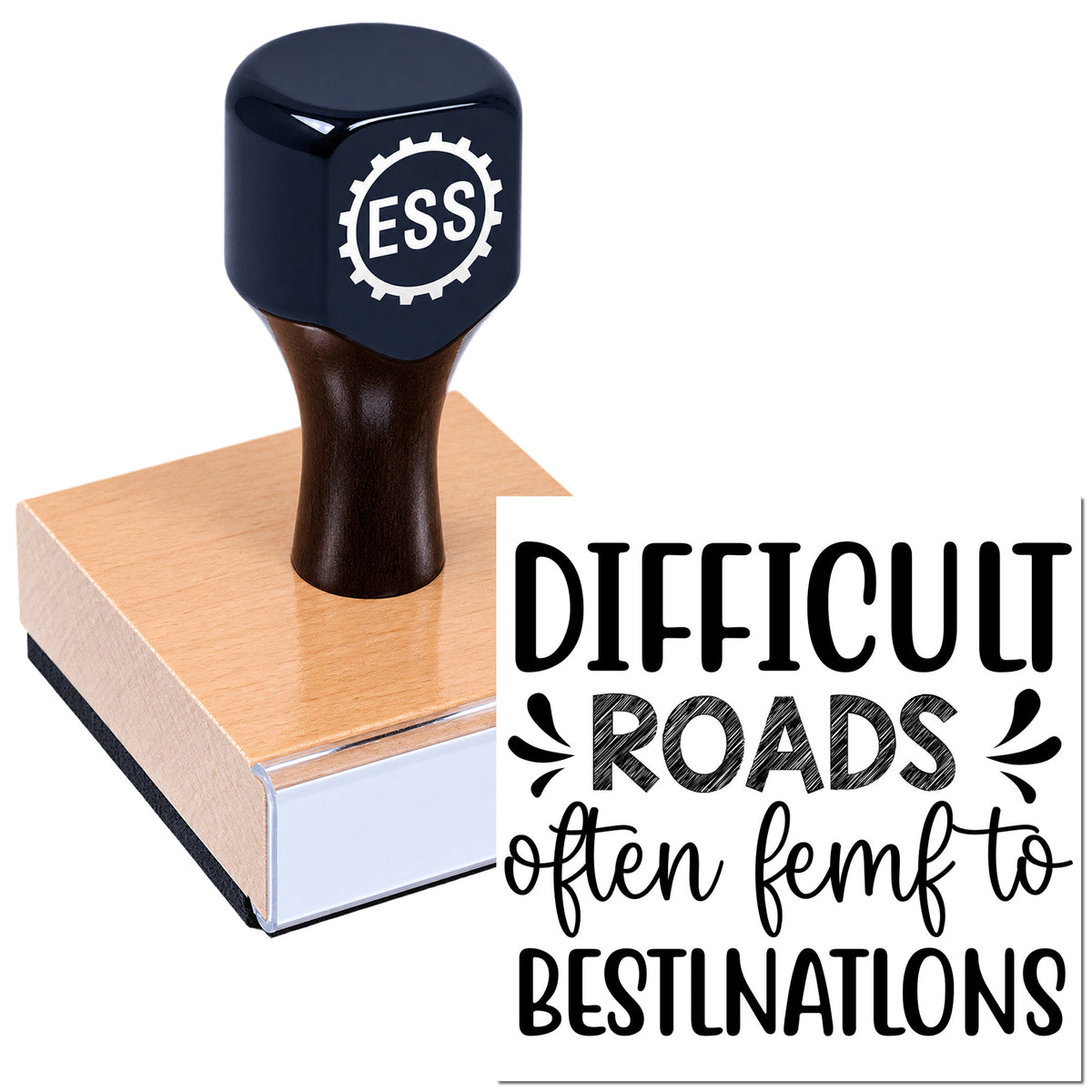 Black ESS stamp and seal on pink block, with quote: "Difficult roads often lead to best destinations."