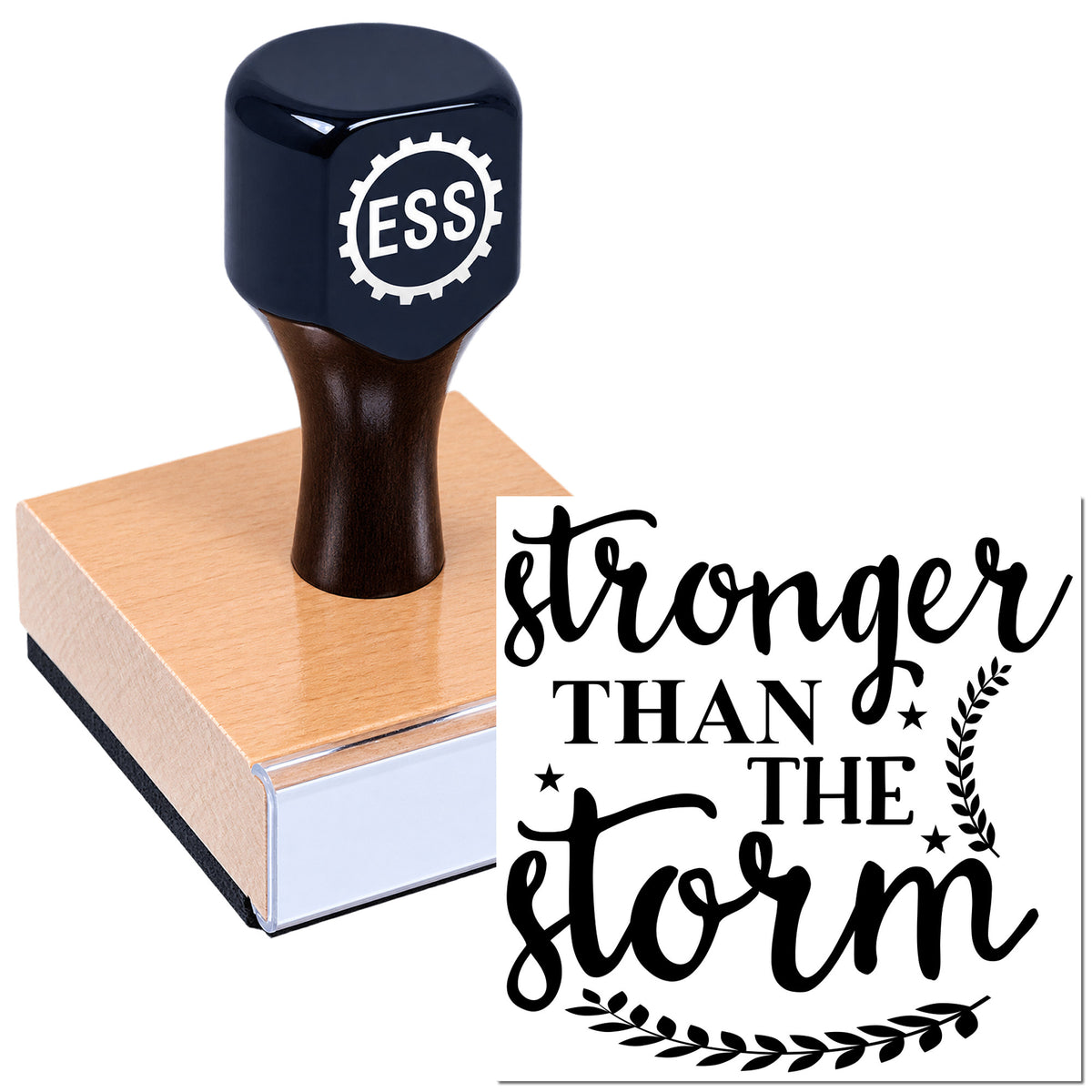 Black ESS stamp pressing a pink seal block beside a "Stronger Than the Storm" decorative seal design.