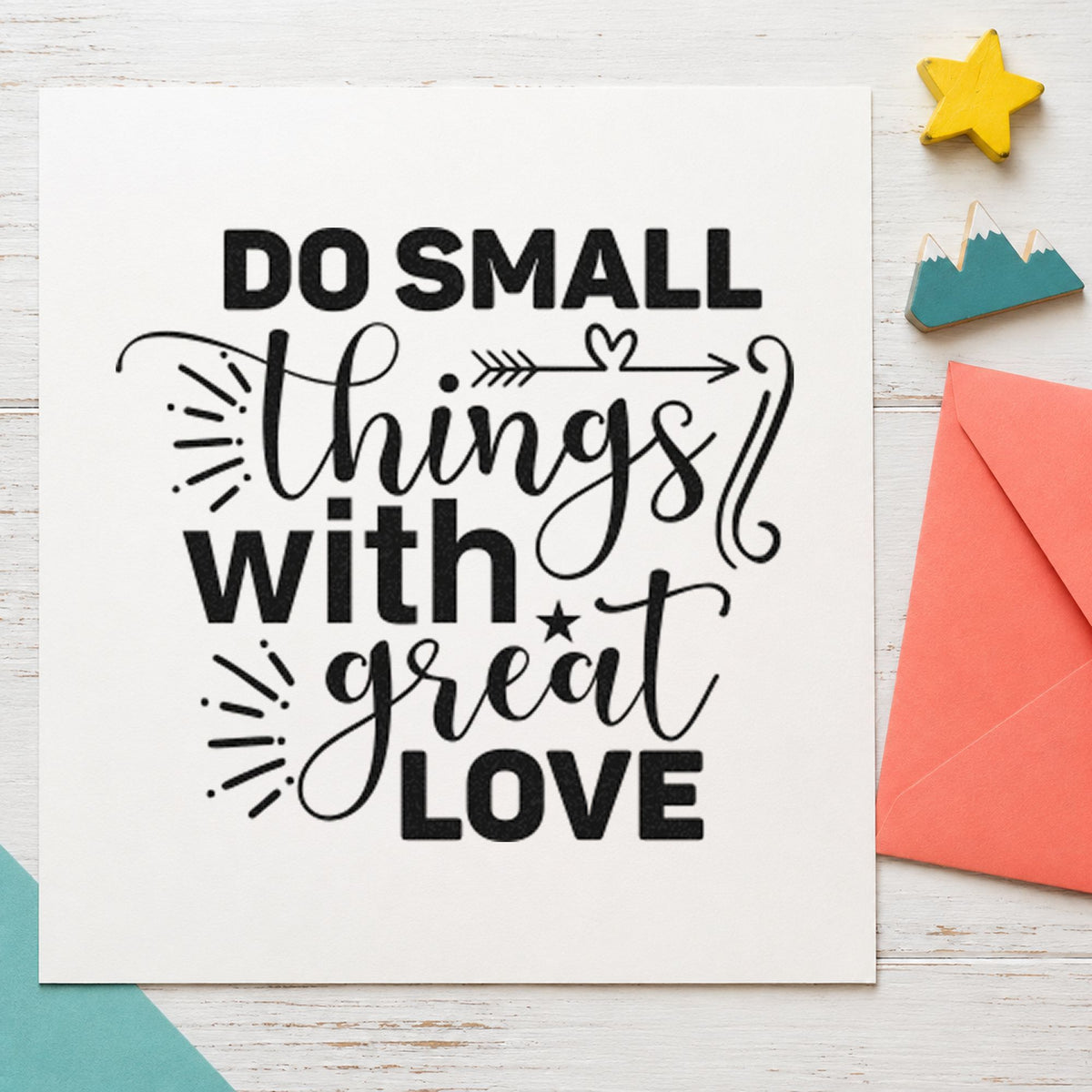 Small Things With Great Love craft stamp imprint in black ink on a handmade project, one idea being yarn bundle gift tags.