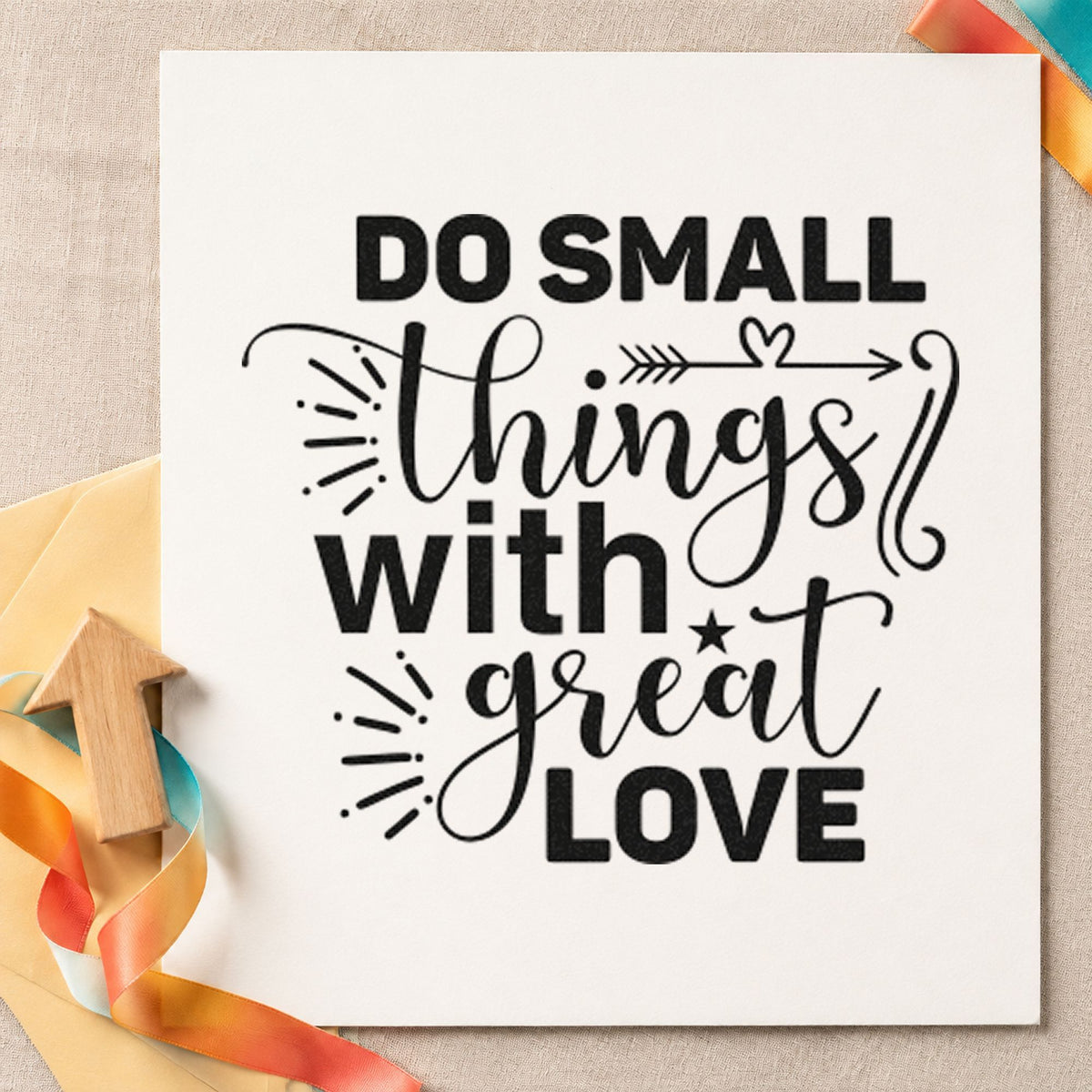 Small Things With Great Love rubber stamp printed in black ink, ready for donation count sheet and similar paper crafts.