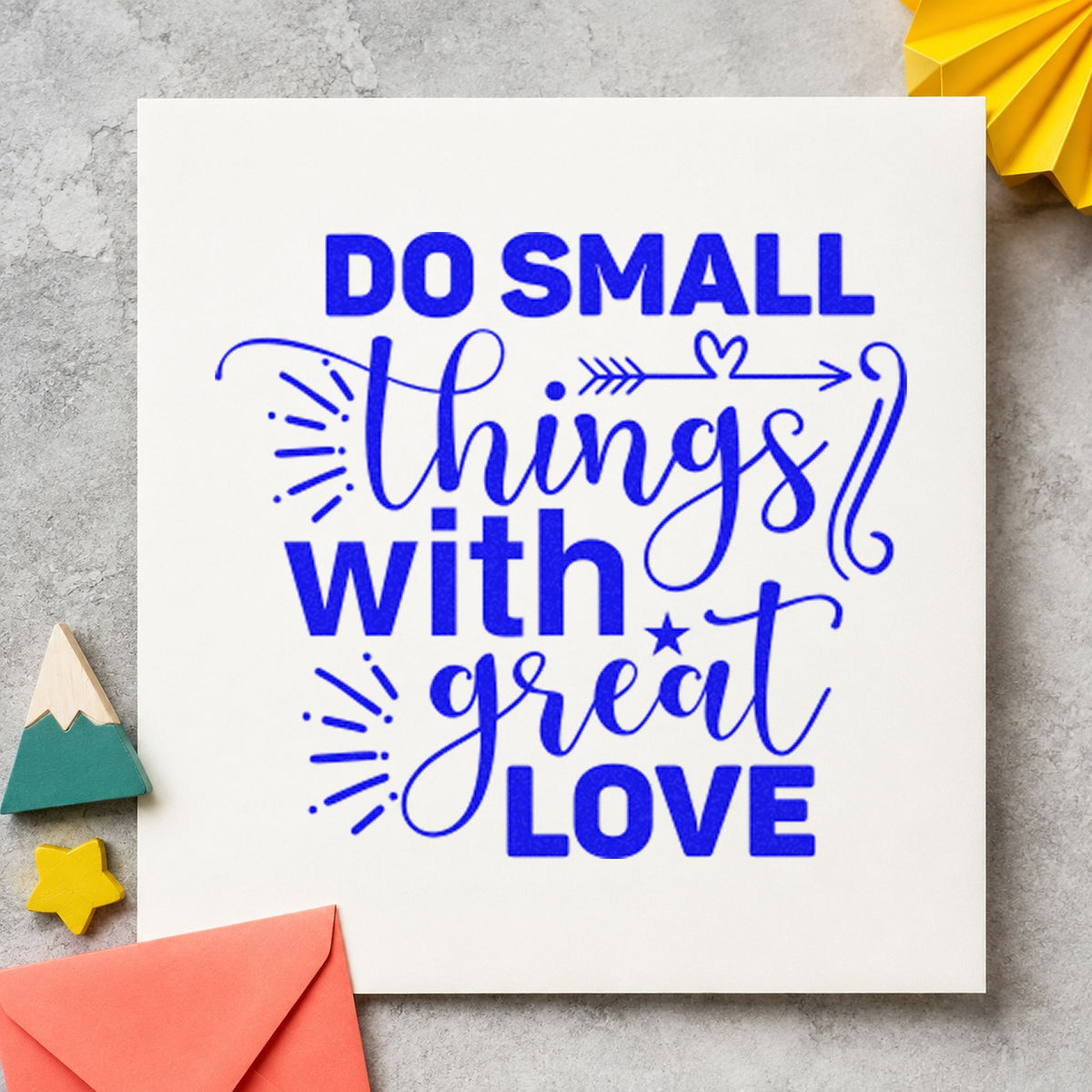 Small Things With Great Love craft stamp in blue ink on cardstock, an easy option for project bag printing.