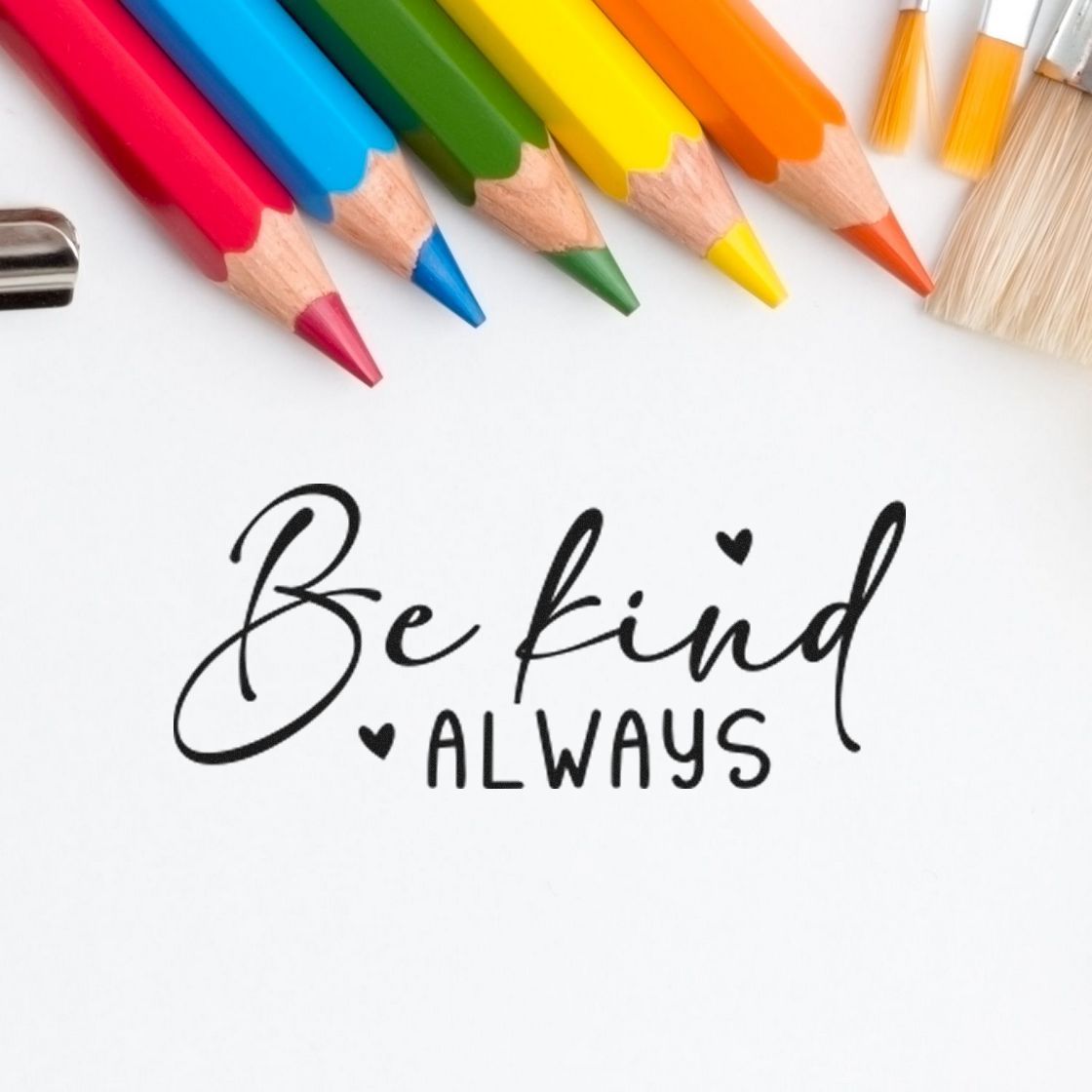 Be kind always stamp and seal design with colorful pencils and hearts on a white background.