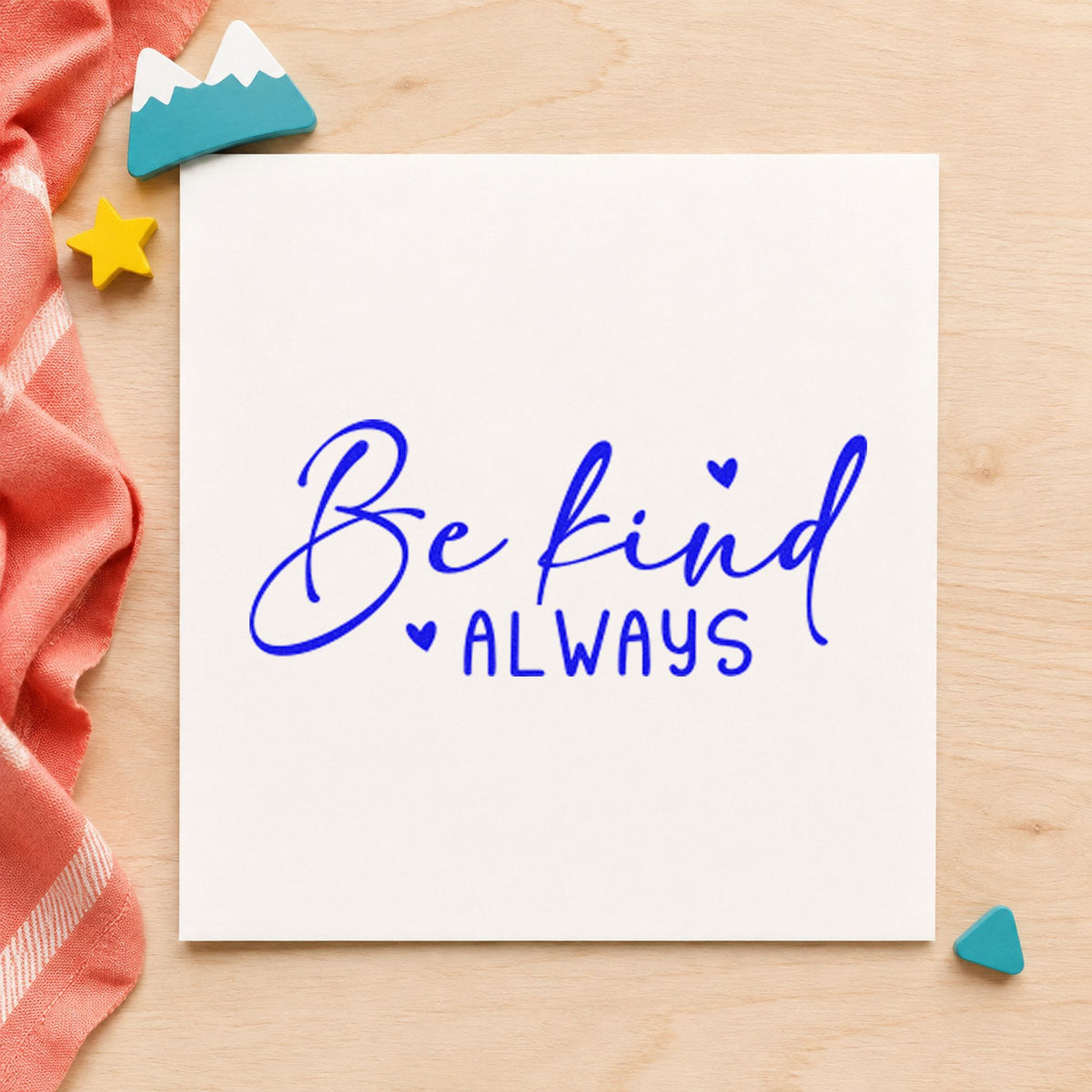 Be Kind Always Heart craft stamp imprinted in blue ink on paper, a design suited to framed front porch.