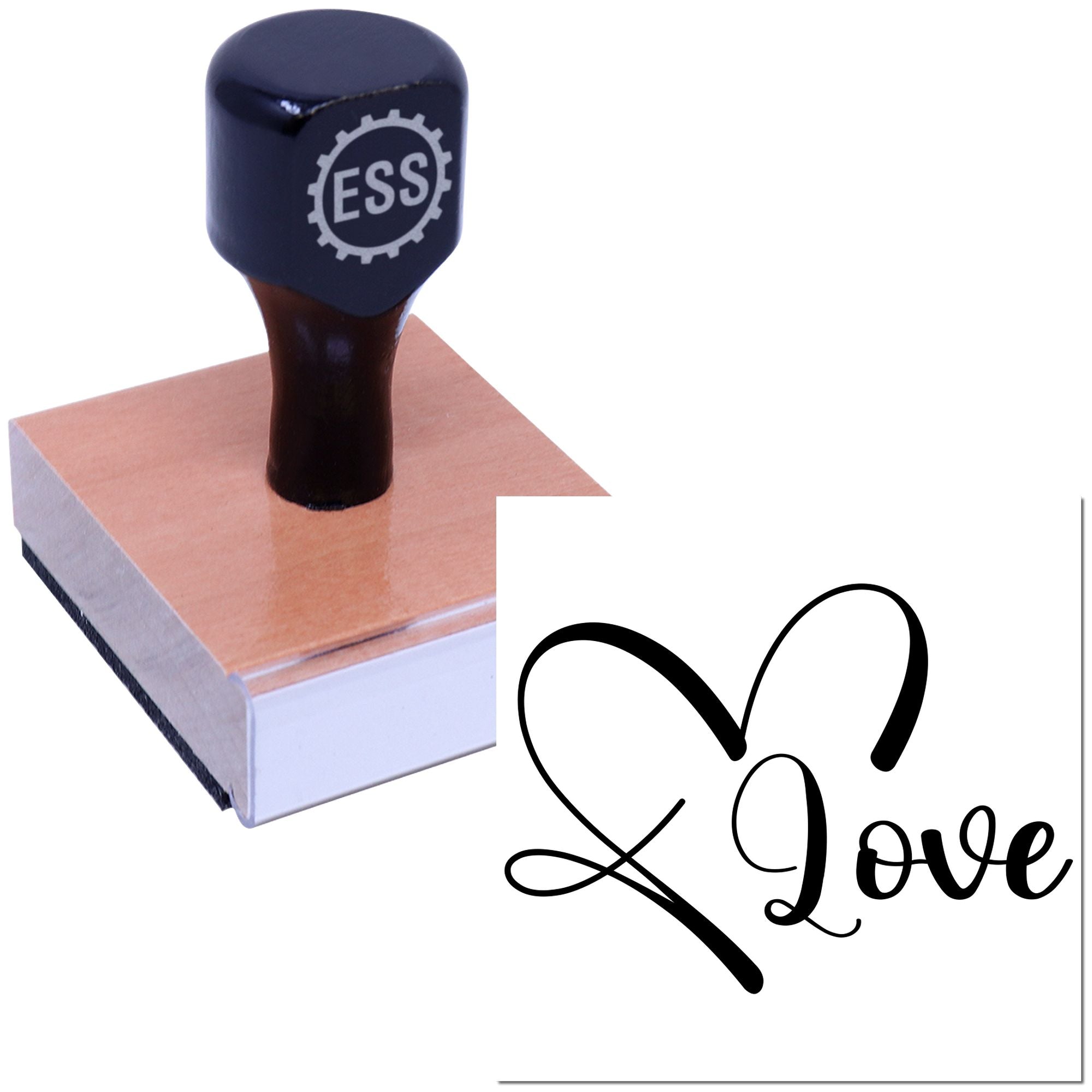 Black-handled custom rubber stamp with pink wooden base, ESS logo, and black Love seal design.