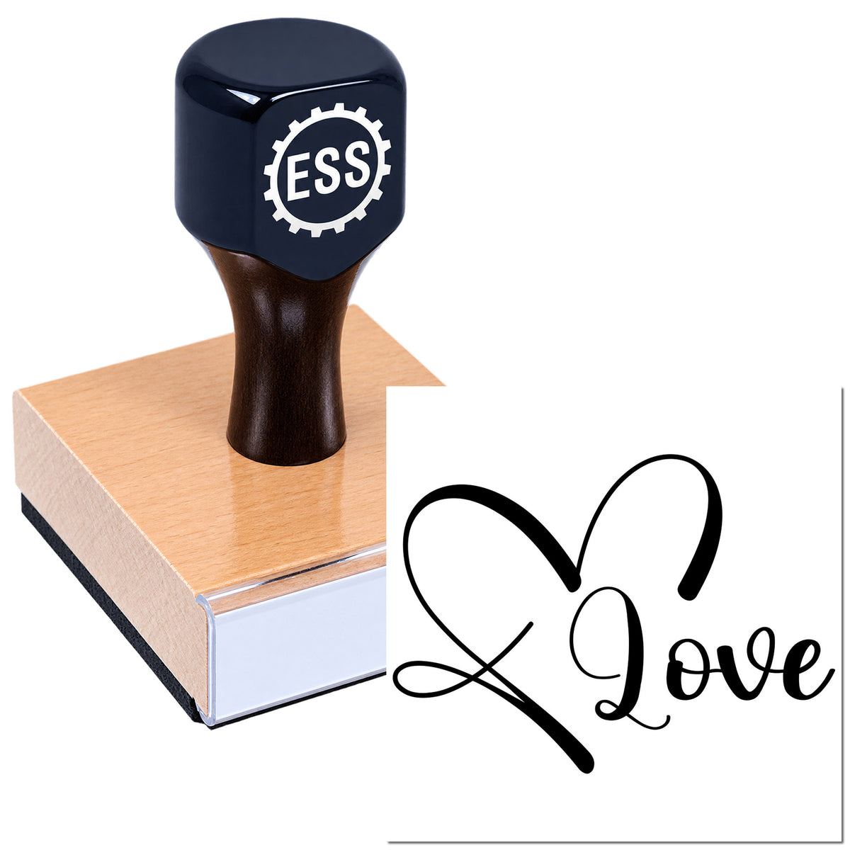 Black-handled custom rubber stamp with pink wooden base, ESS logo, and black "Love" seal design.
