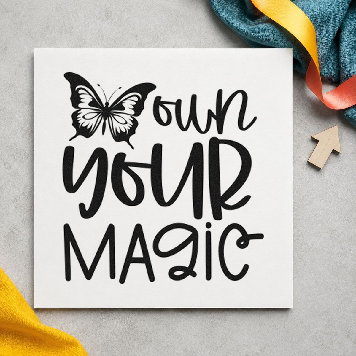 Own Your Magic Butterfly craft stamp in black ink on cardstock, an easy option for fair album page.