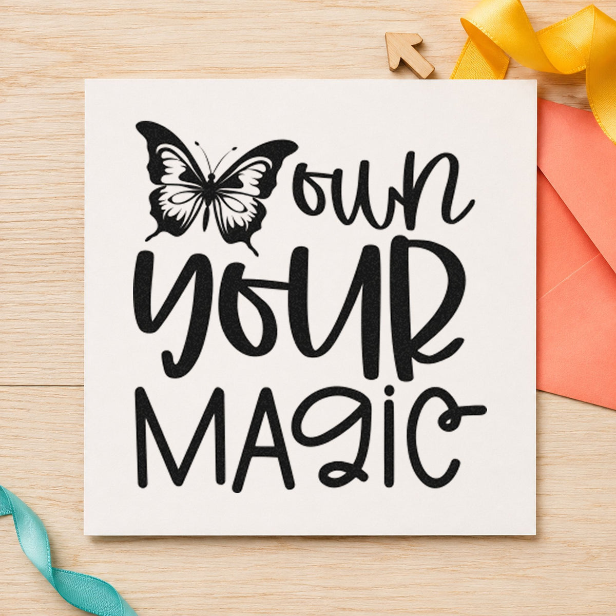 Own Your Magic Butterfly rubber stamp printed in black ink, ready for booking day sheet and similar paper crafts.