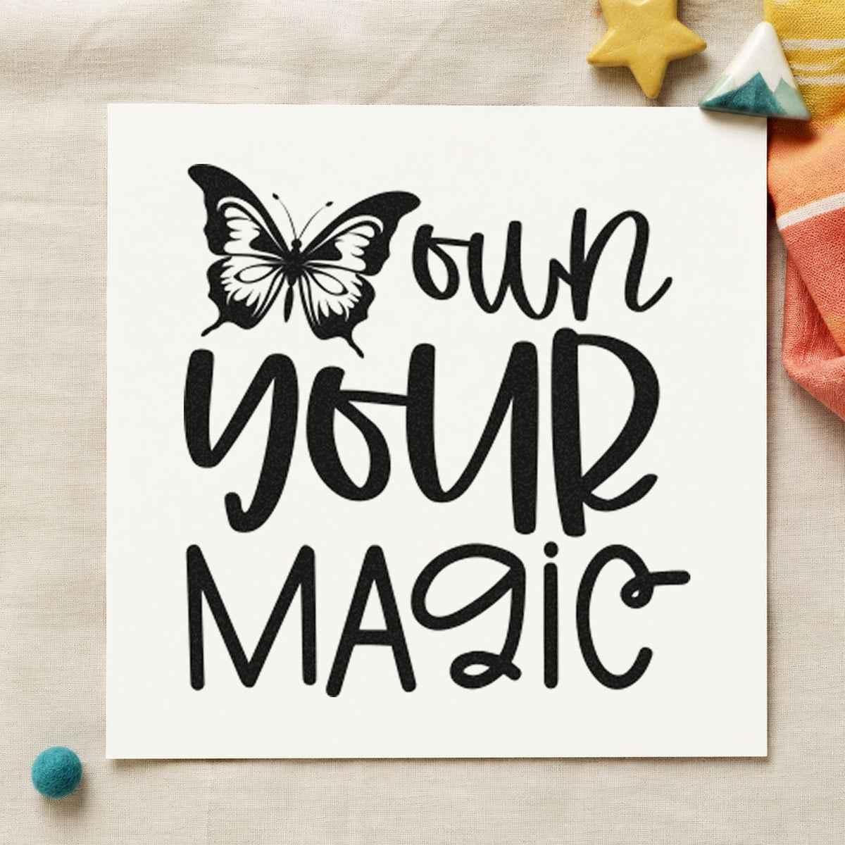 Own Your Magic Butterfly rubber stamp printed in black ink, ready for detailed butterfly cards and similar paper crafts.