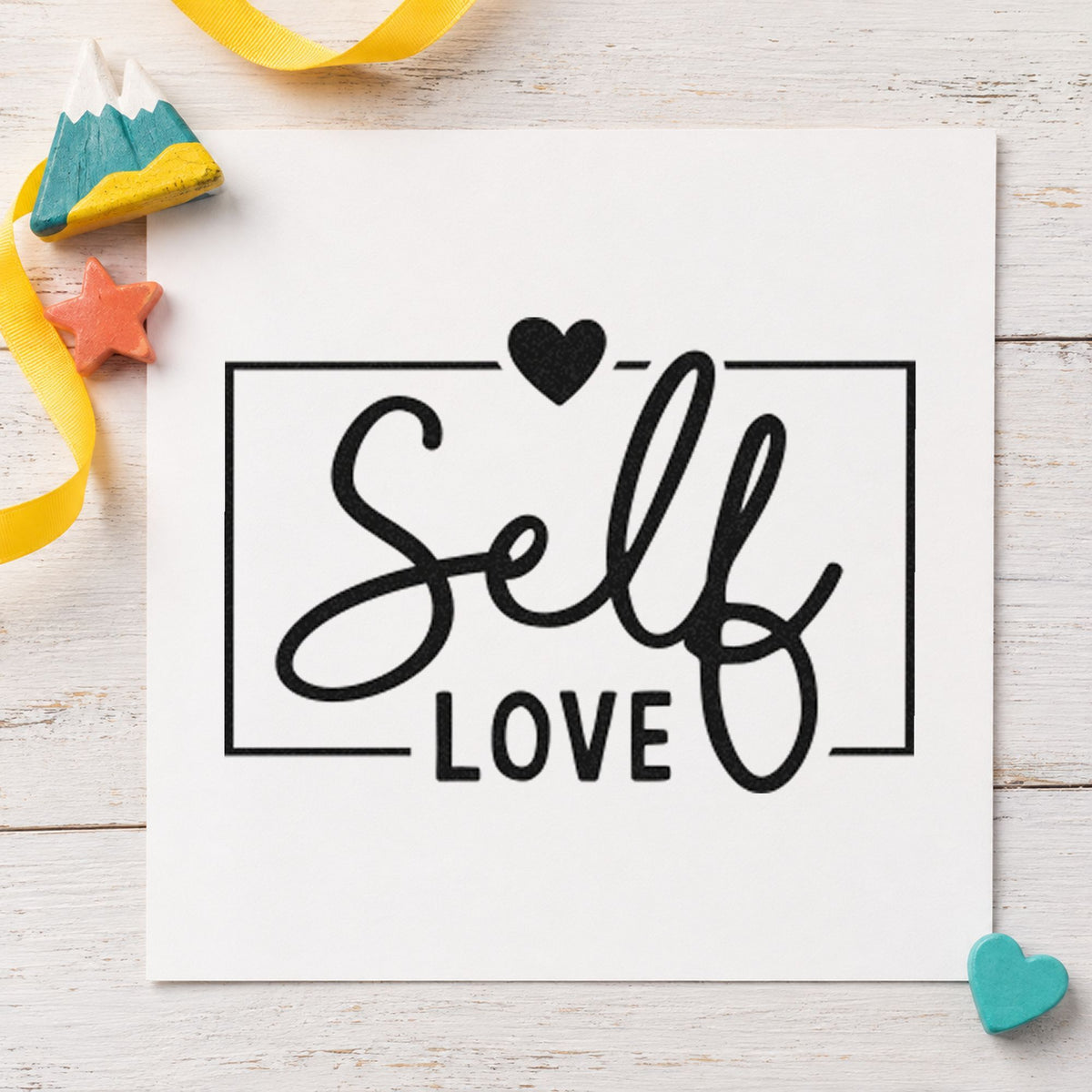 Self Love Framed Heart rubber stamp printed in black ink, ready for booking week sheet and similar paper crafts.