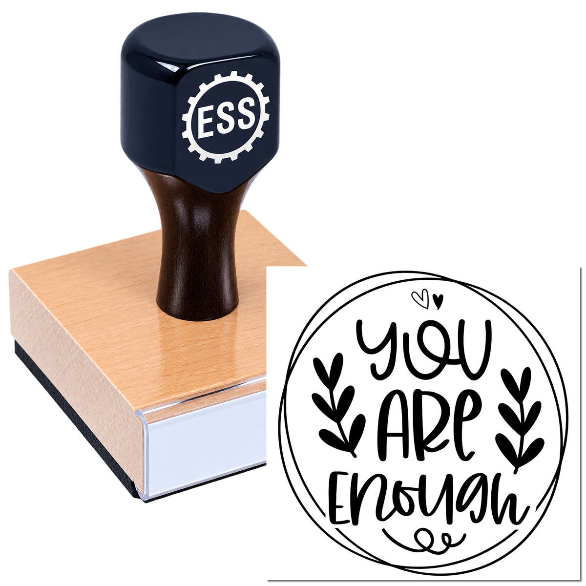 Black custom rubber stamp and seal with copper base, showing a circular "You Are Enough" design with hearts.