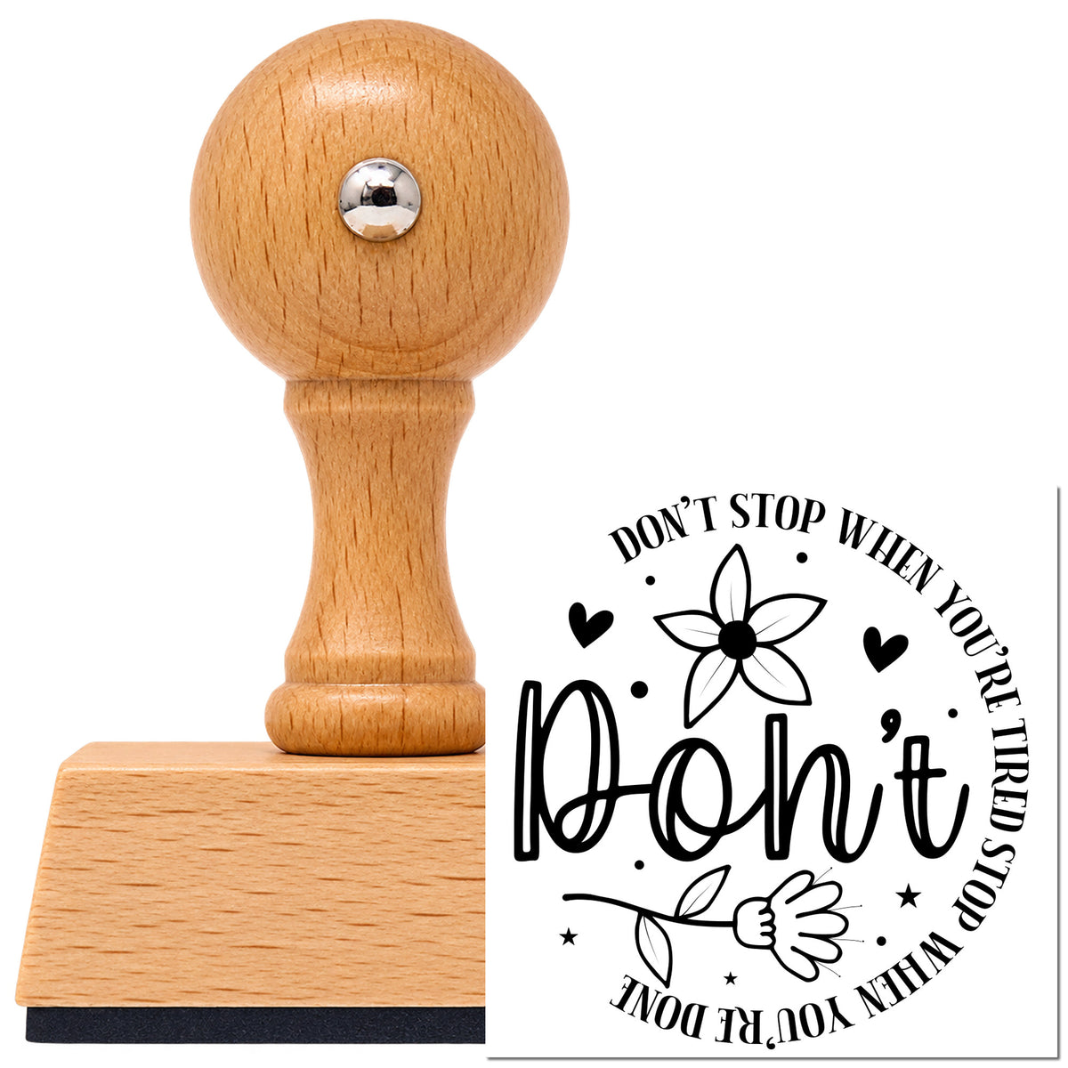 Vintage Pro beech wood stamp with a round knob handle, shown with its black Two Flowers With Don't Stop Lettering imprint on white.