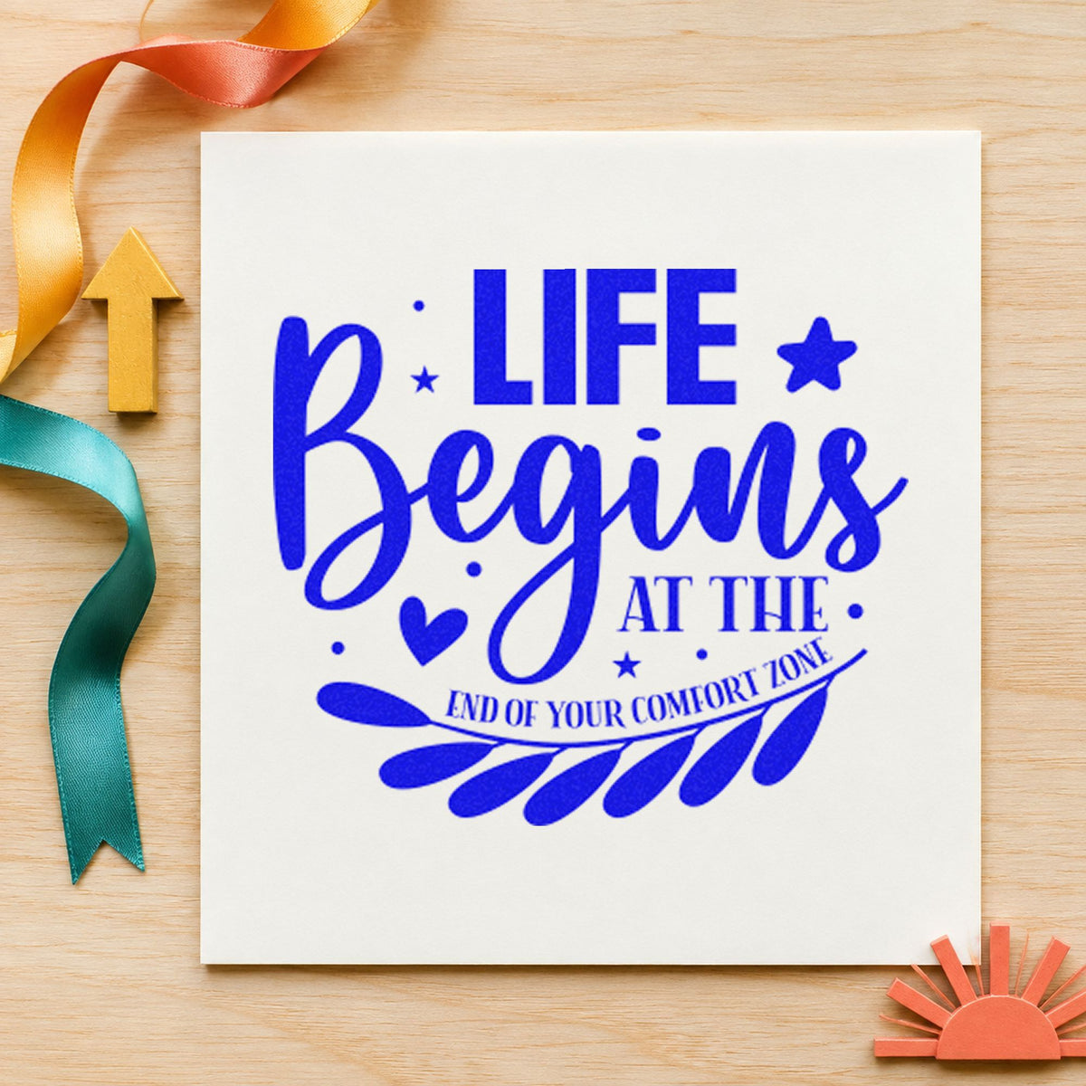 Life Begins Comfort Zone Leaves craft stamp in blue ink on cardstock, an easy option for stage drape printing.