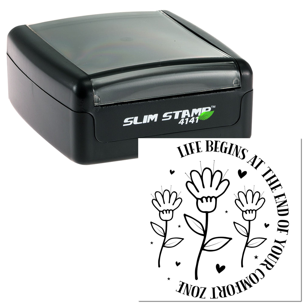 Black Slim Stamp 4141 self-inking seal with white floral heart design and curved text, ideal for custom wedding or craft stamping.