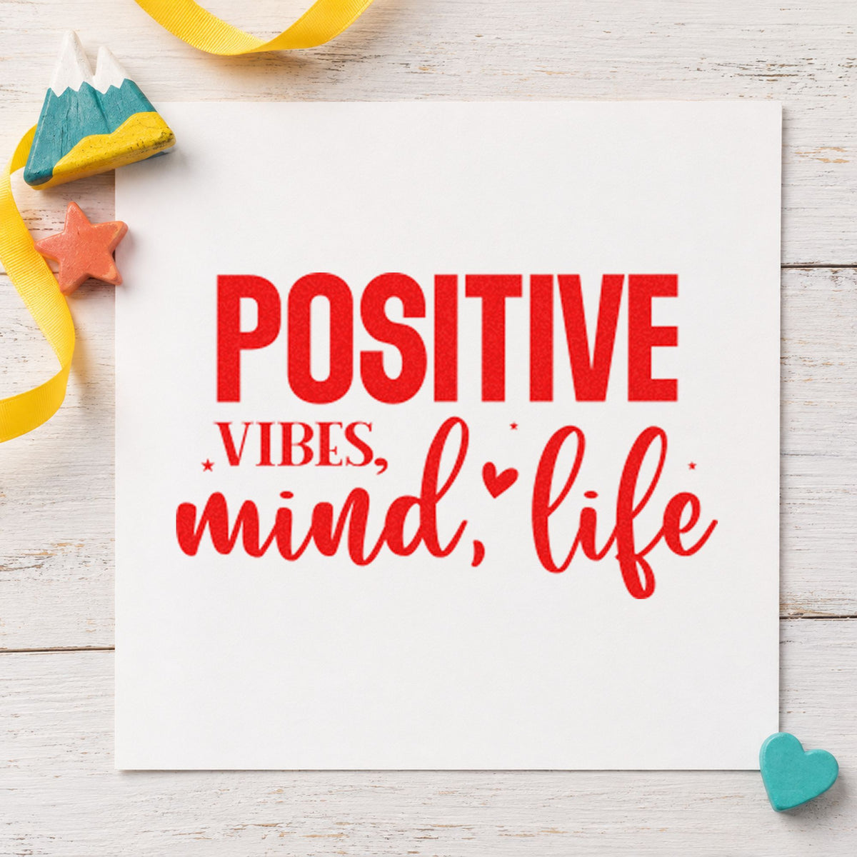 Positive Vibes Mind Life rubber stamp shown in red ink, stamped for projects such as bin produce labels.