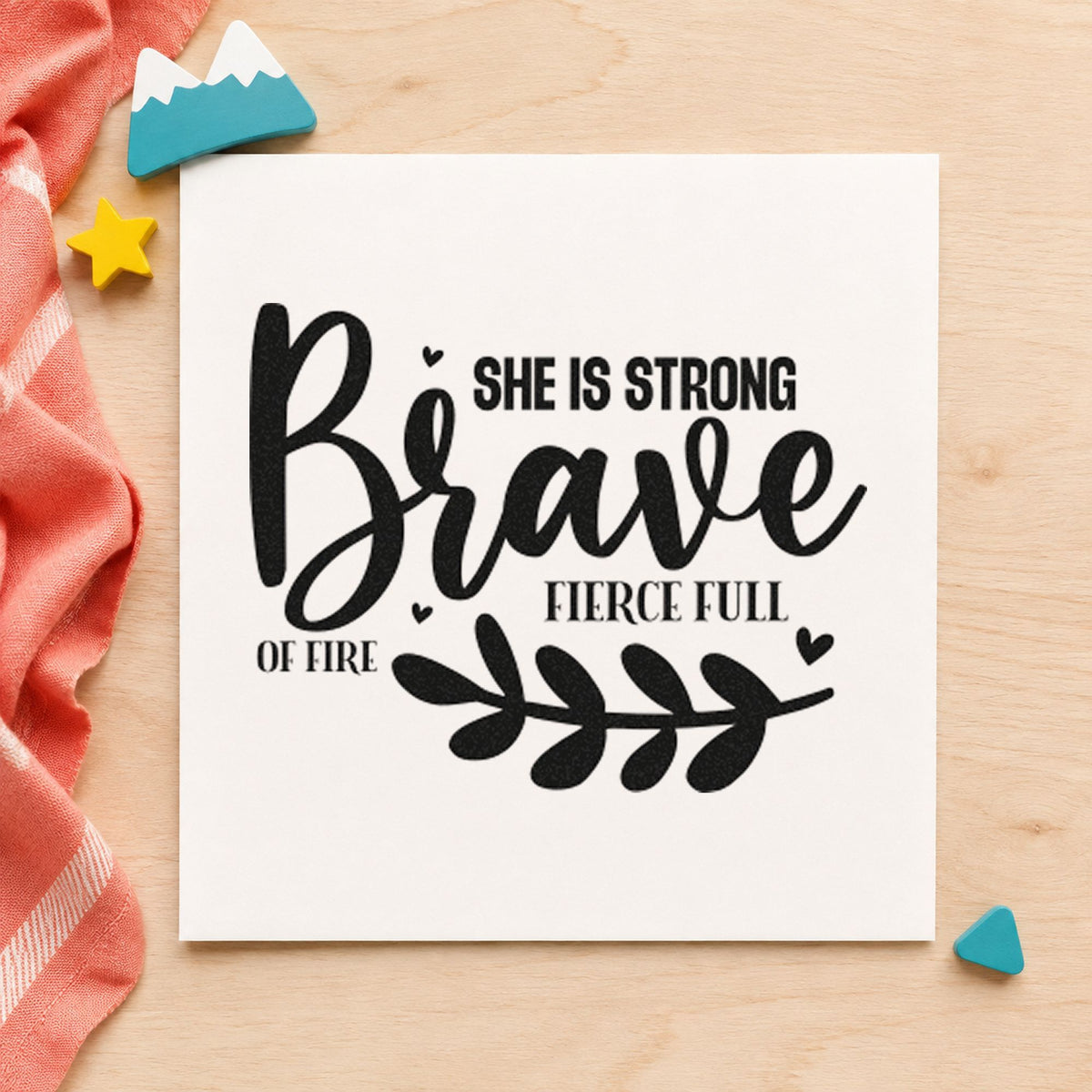 Be Brave Strong Fierce Fire craft stamp imprint in black ink on a handmade project, one idea being kit bag gift tags.