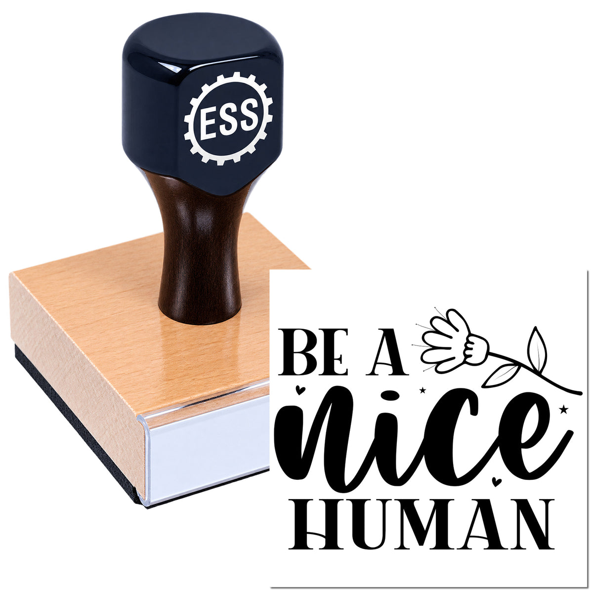 Dark navy custom rubber stamp and seal with wooden base, showing "Be a Nice Human" design in black on white