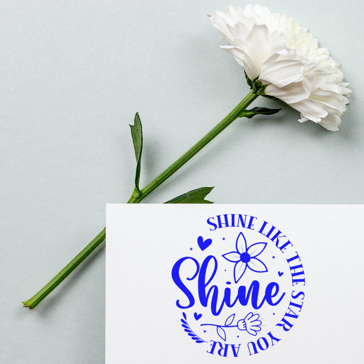 White flower with green stem beside blue custom stamp seal reading Shine like the stars on white paper.
