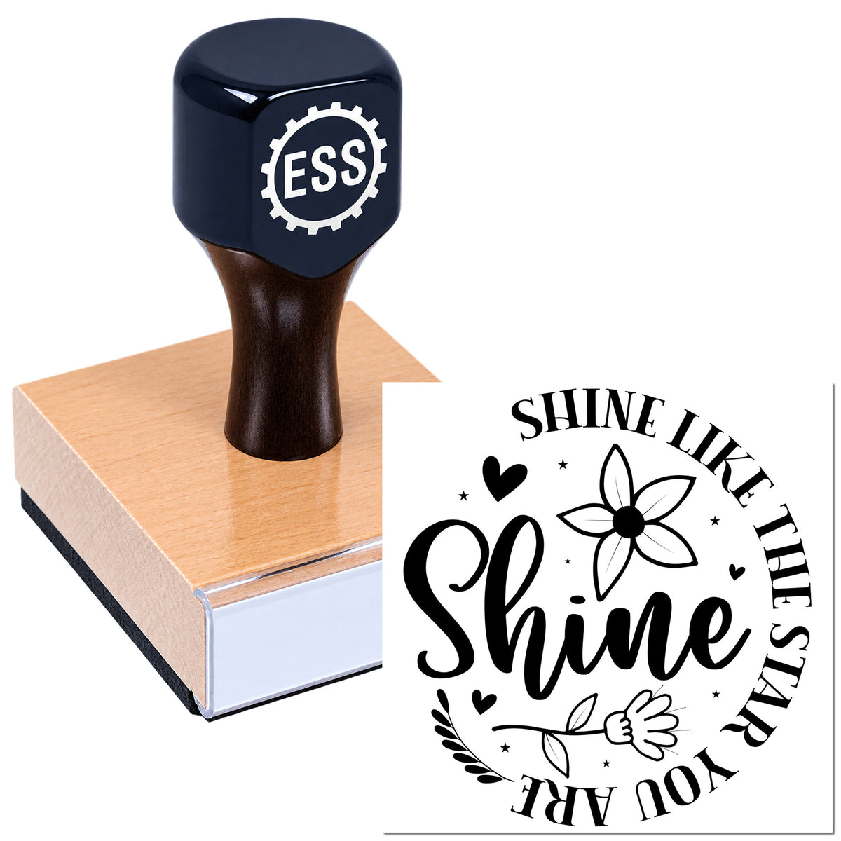 Dark blue rubber stamp pressing a pink seal block, with black "Shine Like the Stars" floral logo.