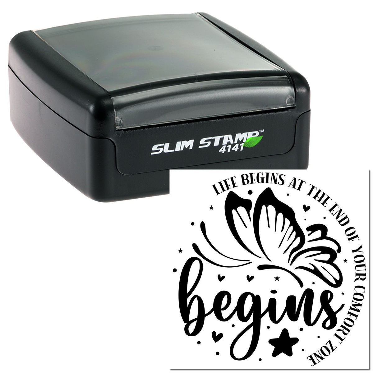 Black slim self-inking stamp and seal with translucent gray cover, showing a butterfly design and bold black begins text.