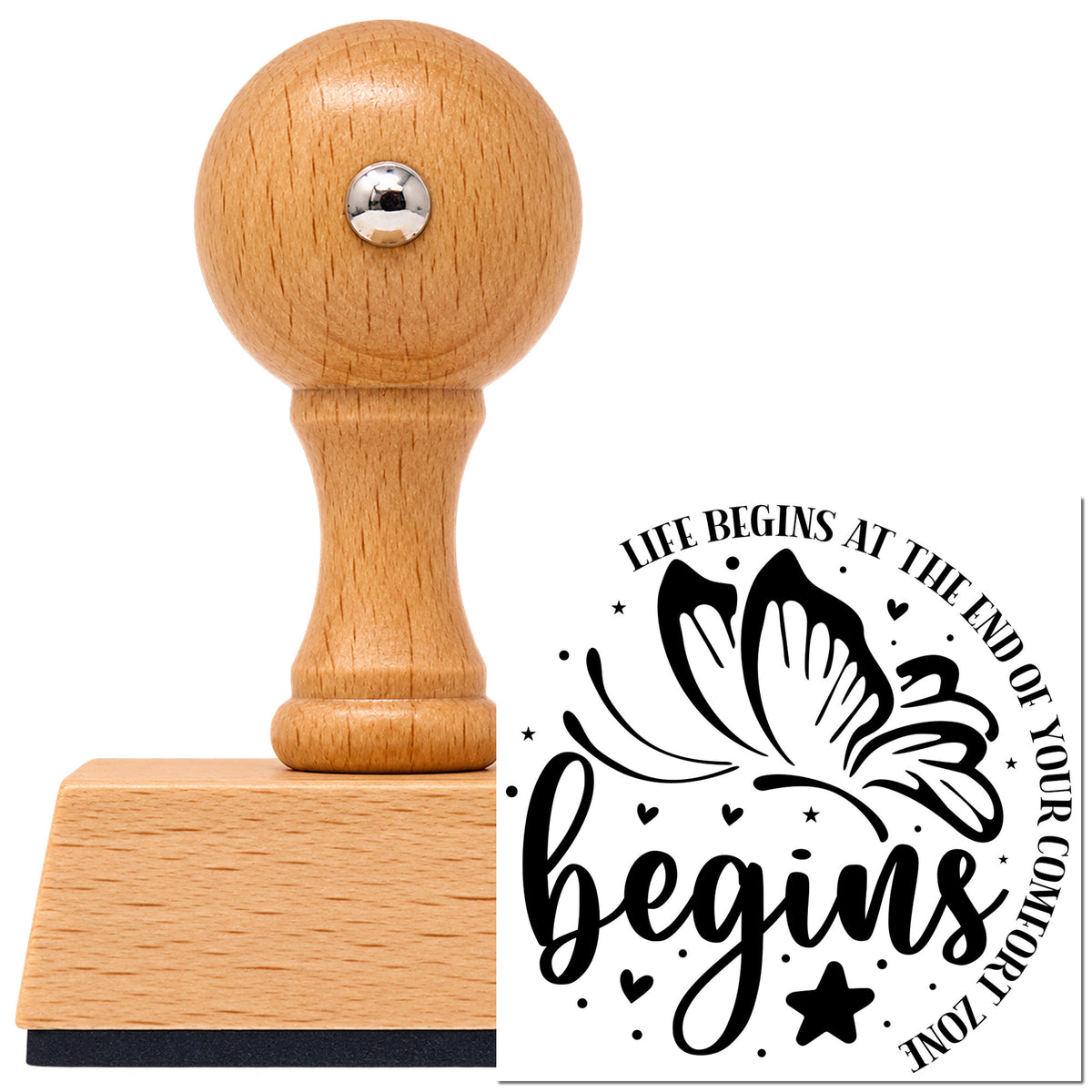 Vintage Pro beech wood stamp with a round knob handle, shown with its black Life Begins Comfort Zone Butterfly With Stars imprint on white.