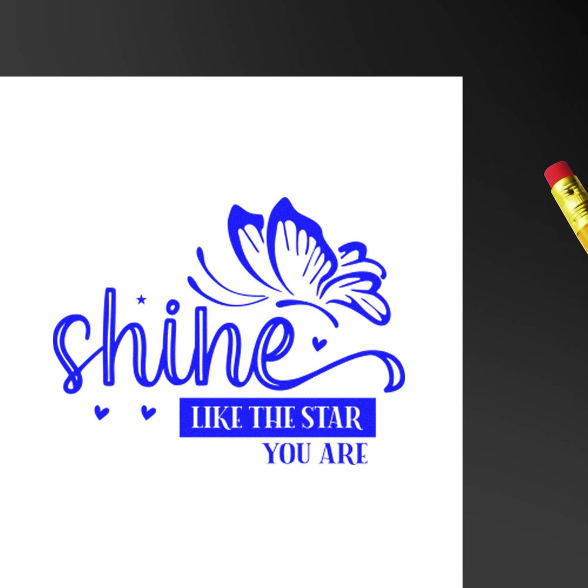 Blue butterfly stamp design with shine and LIKE THE STAR YOU ARE on white, beside a yellow-red seal tool.