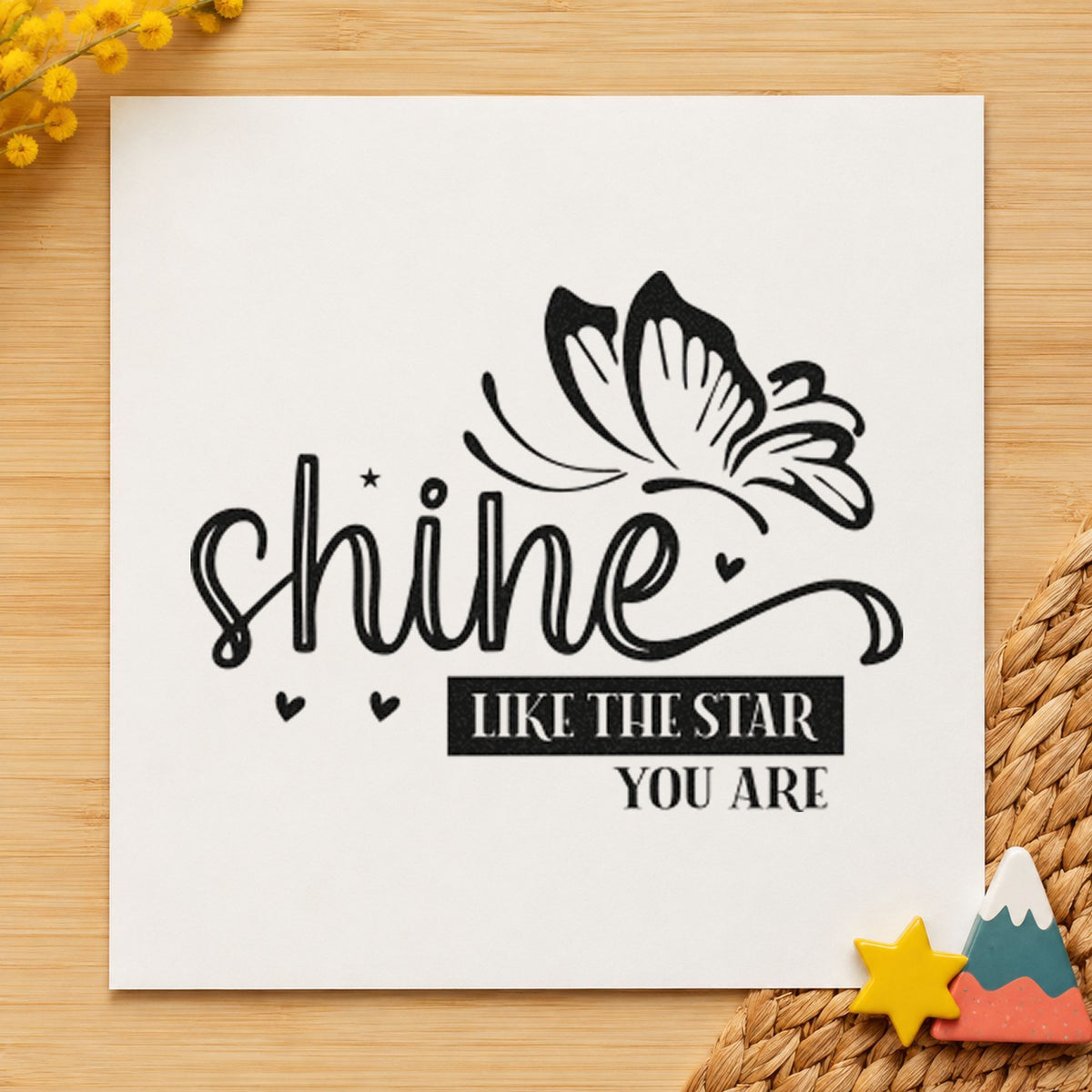 Shine Like Star Butterfly craft stamp imprint in black ink on a handmade project, one idea being folder gift tags.