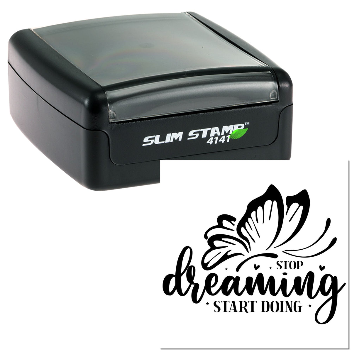 Black Slim Stamp 4141 self-inking stamp and butterfly dreaming rubber seal on white background.