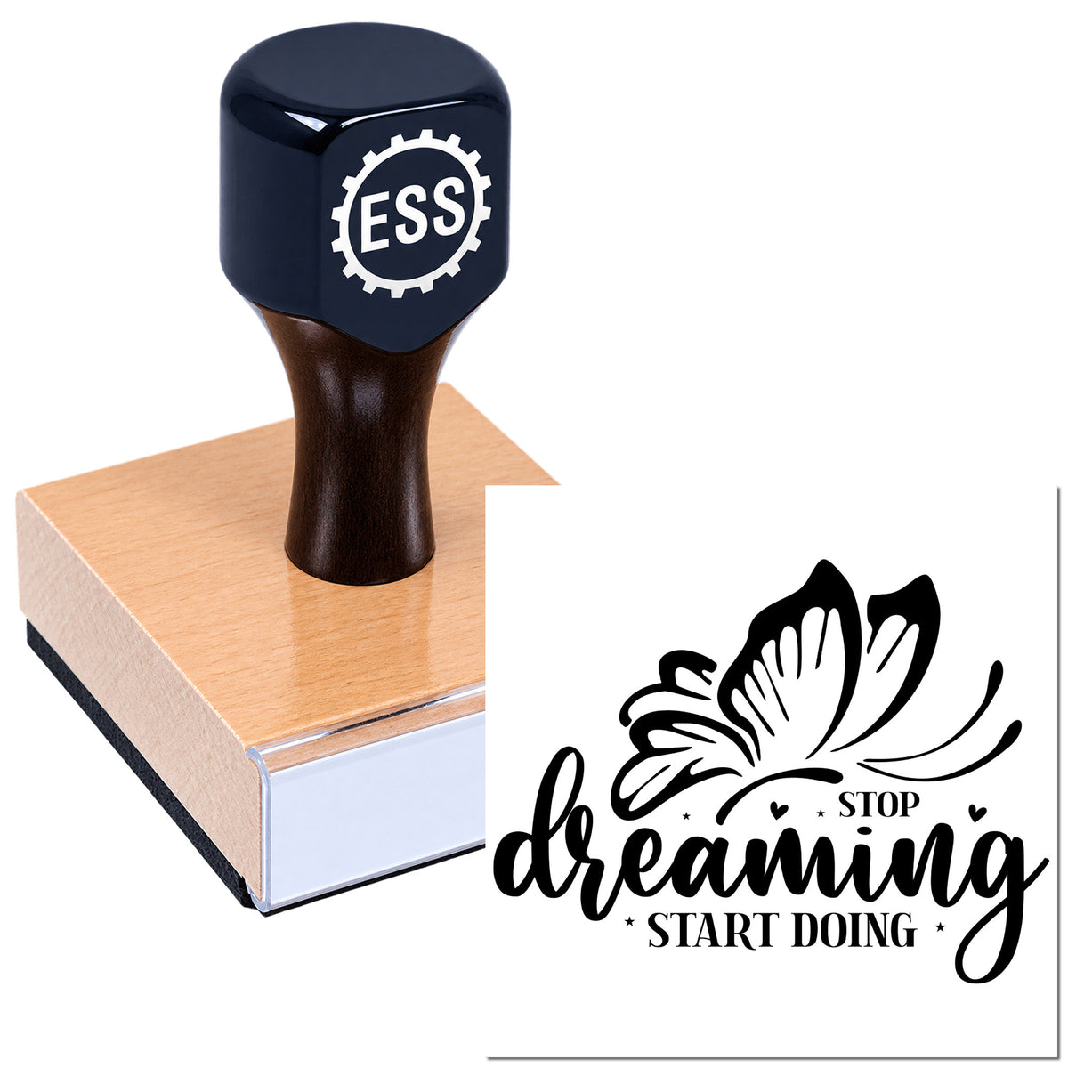 Black ESS rubber stamp and butterfly "dreaming" seal design on a pink wooden block