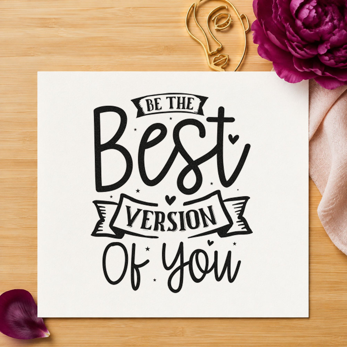Be Best Version Of You craft stamp imprint in black ink on a handmade project, one idea being prize bag gift tags.
