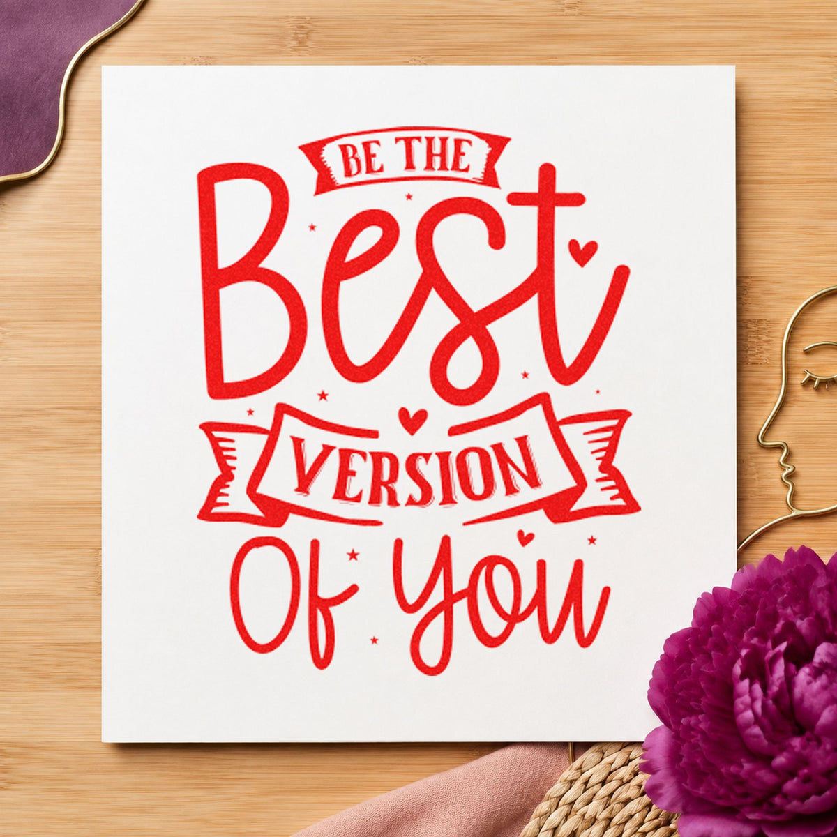 Be Best Version Of You craft stamp imprint in red ink on a handmade project, one idea being daily focus cards.