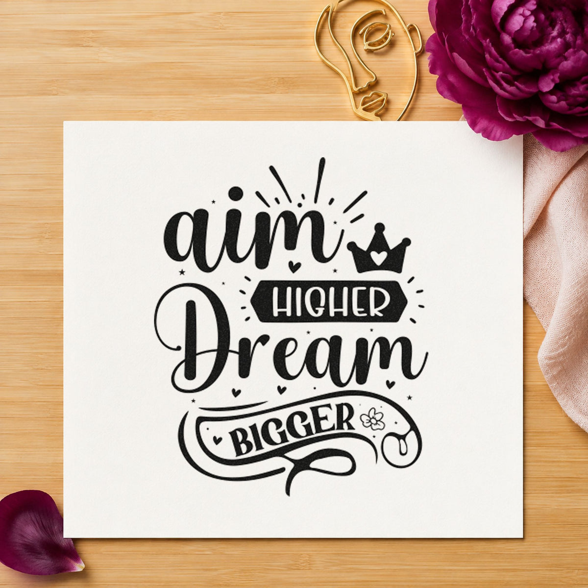 Aim Higher Dream Bigger Crown rubber stamp printed in black ink, ready for game stat sheet and similar paper crafts.
