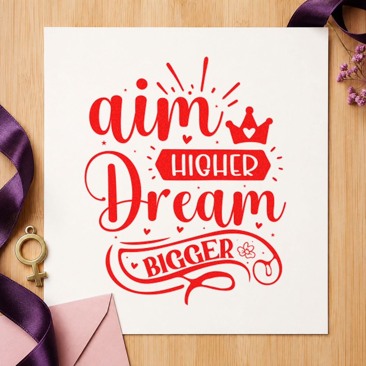 Aim Higher Dream Bigger Crown rubber stamp shown in red ink, stamped for projects such as rack ball labels.