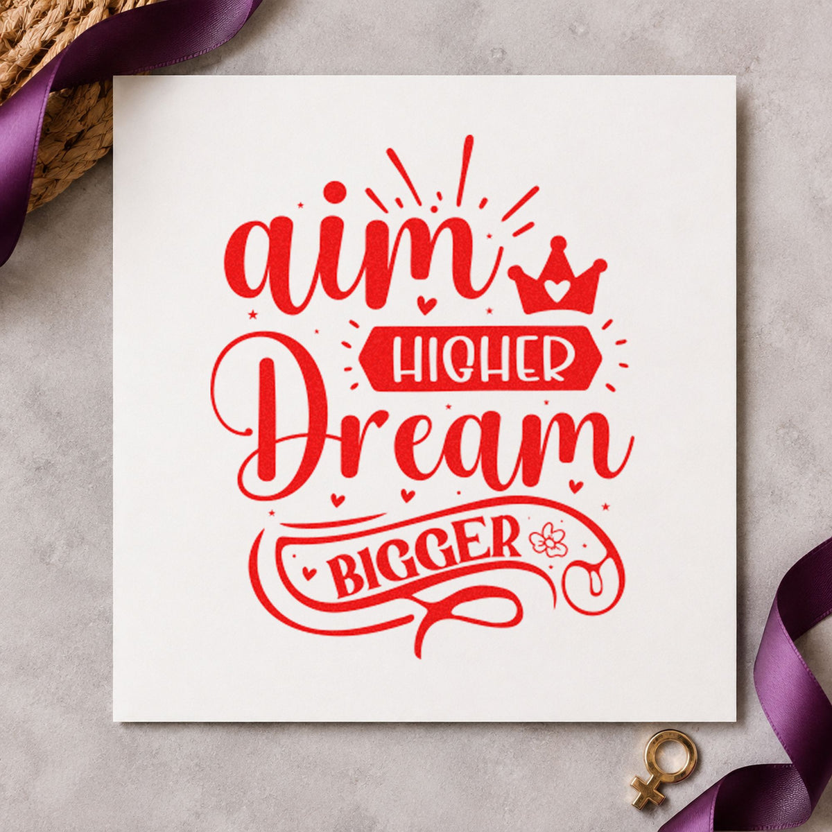 Aim Higher Dream Bigger Crown craft stamp imprint in red ink on a handmade project, one idea being scout note cards.