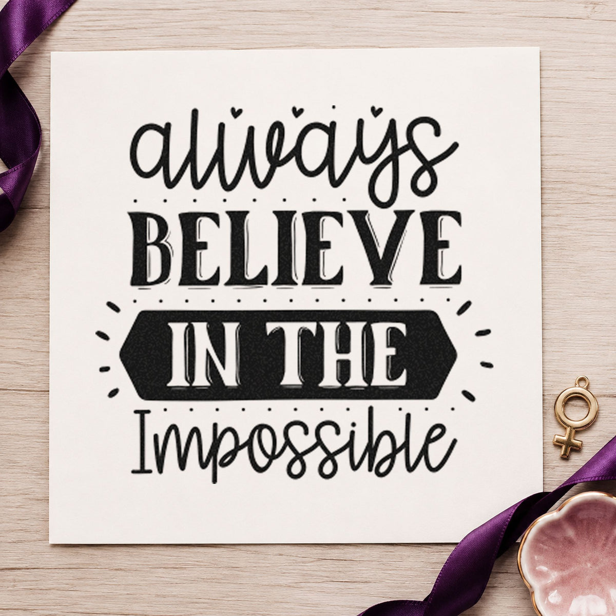 Always Believe In The Impossible craft stamp in black ink on cardstock, an easy option for build season album page.
