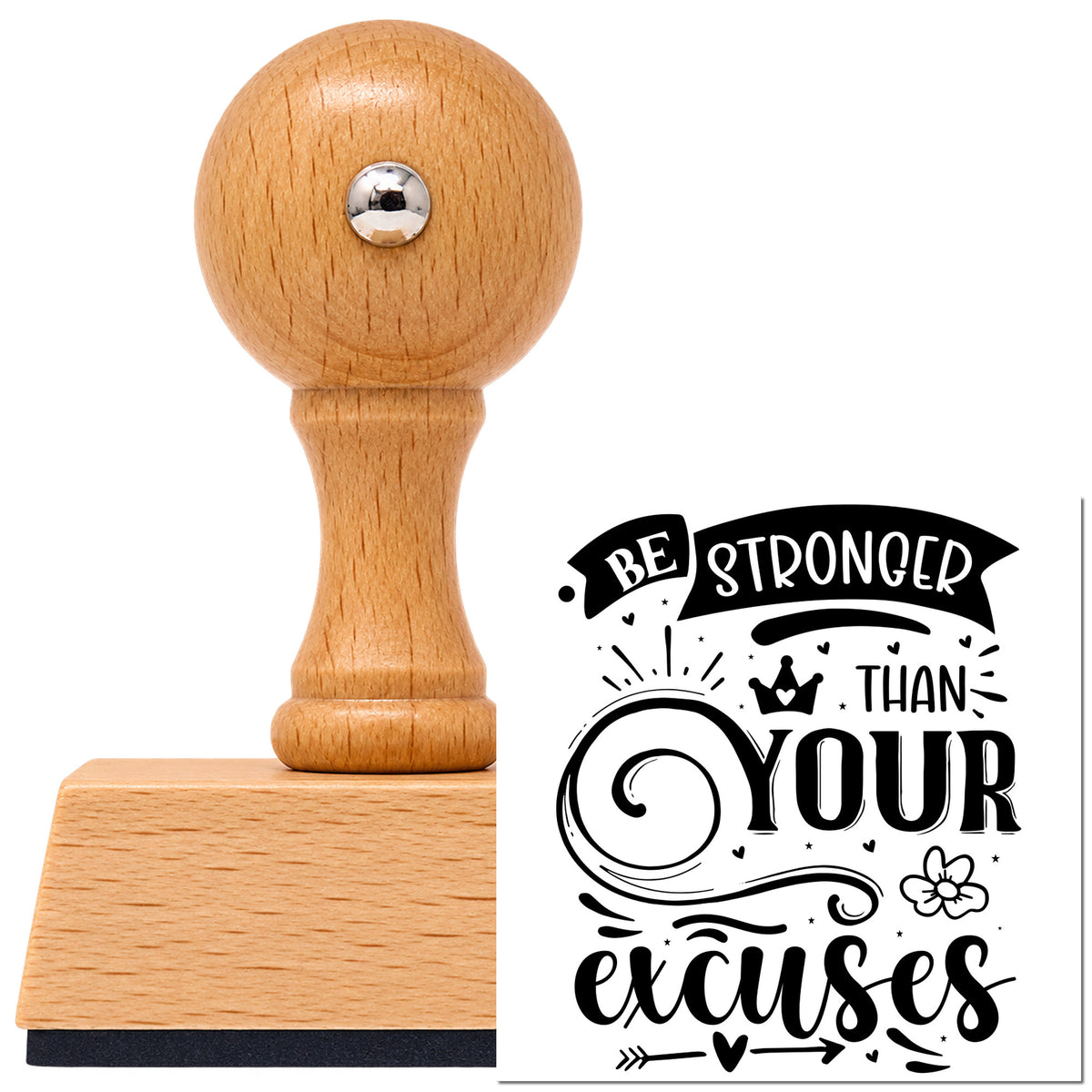 Vintage Pro beech wood stamp with a round knob handle, shown with its black Stronger Than Your Excuses Crown imprint on white.