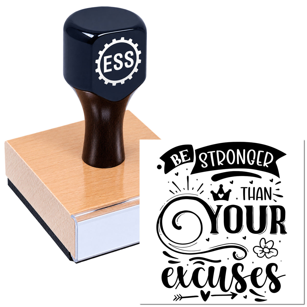 Navy ESS stamp on pink seal block beside black "Be stronger than your excuses" design for custom stamp and seal products.